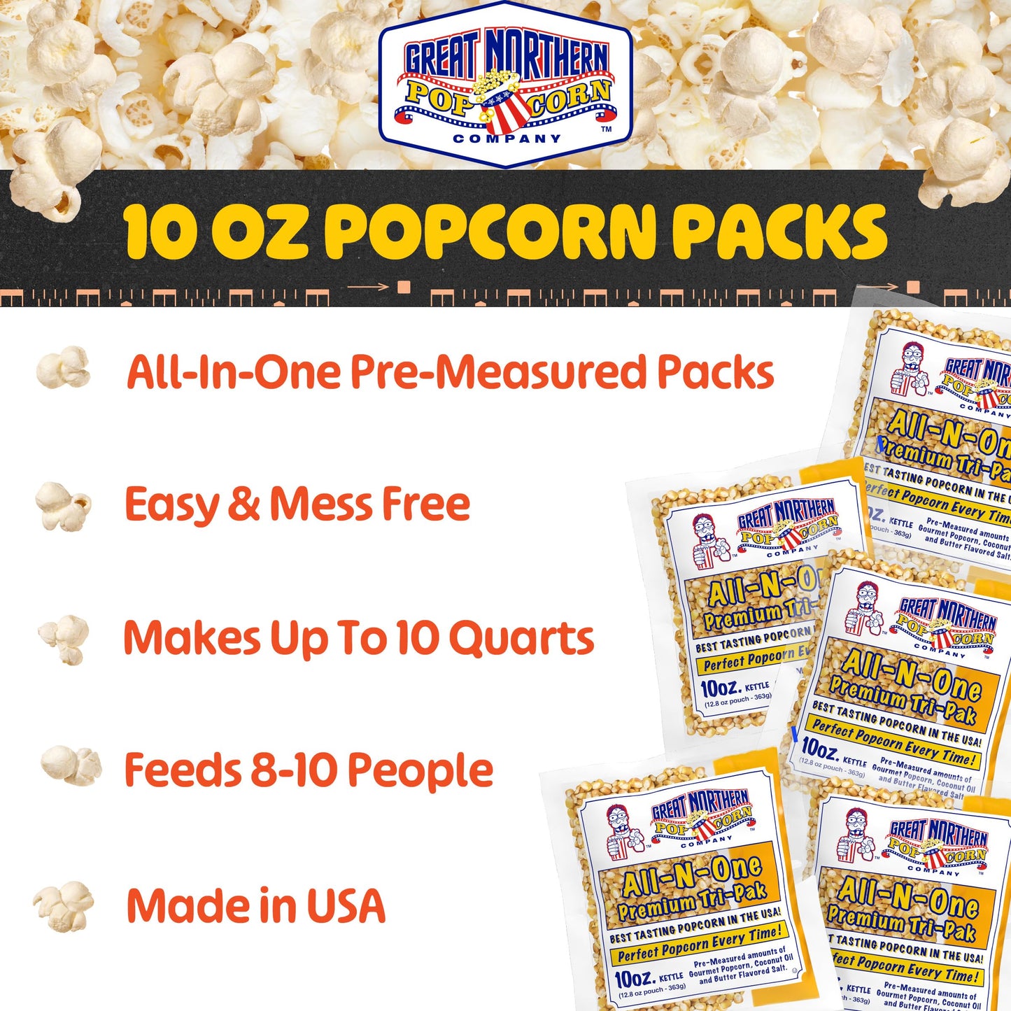 10oz Popcorn Machine Popcorn Packets - All-in-One Movie Theater Style Kernels, Salt, and Oil Packs by Great Northern Popcorn (24 Case)