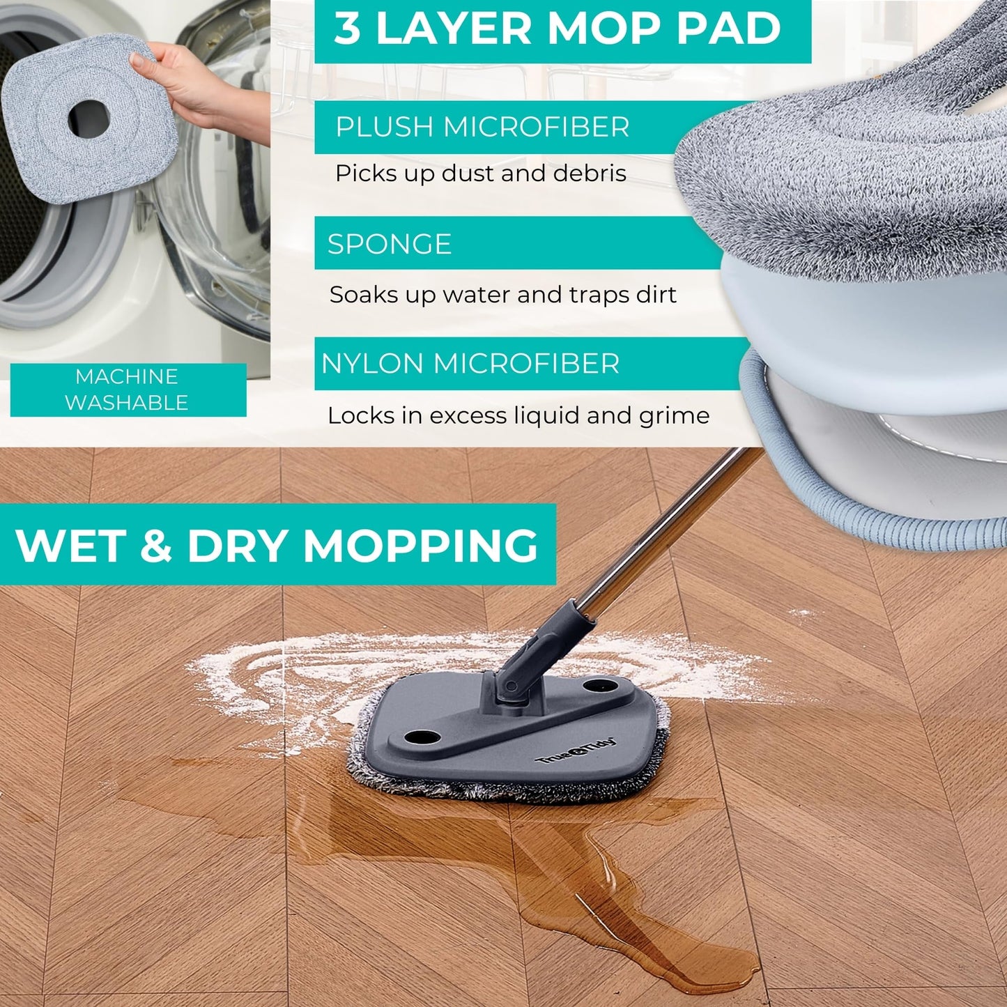 True & Tidy True Clean Spin Mop & Bucket System - Dual Compartment Design for Clean & Dirty Water, 360° Swivel Mop Head, Built-in Scrubbing Brush