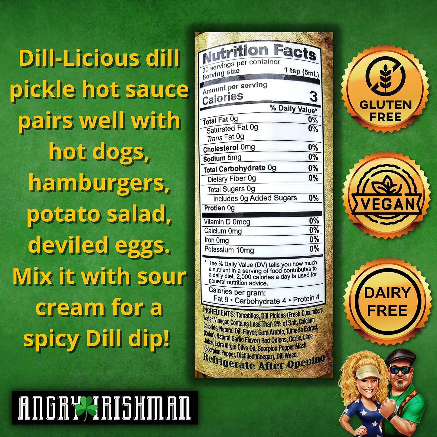 Dill-licious Dill Pickle Hot Sauce Medium Heat, Made with Fresh Scorpion Peppers, Garlic and Onions, Small Batch & Handmade in the USA, No