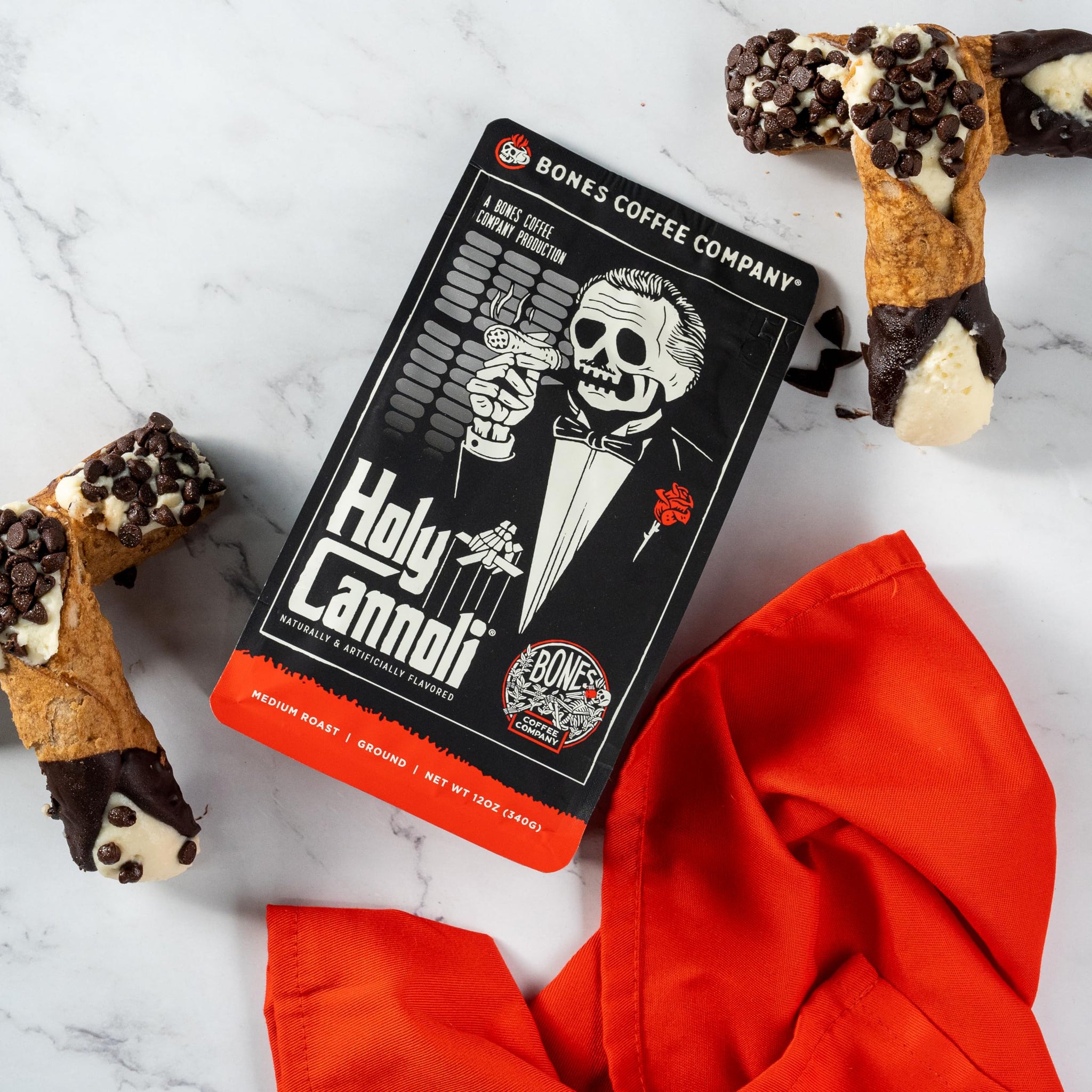 Bones Coffee Company Holy Cannoli, Baked Cannoli Flavored Coffee, Medium Roast Low Acid Arabica Beans Compatible with Auto drip and French Press