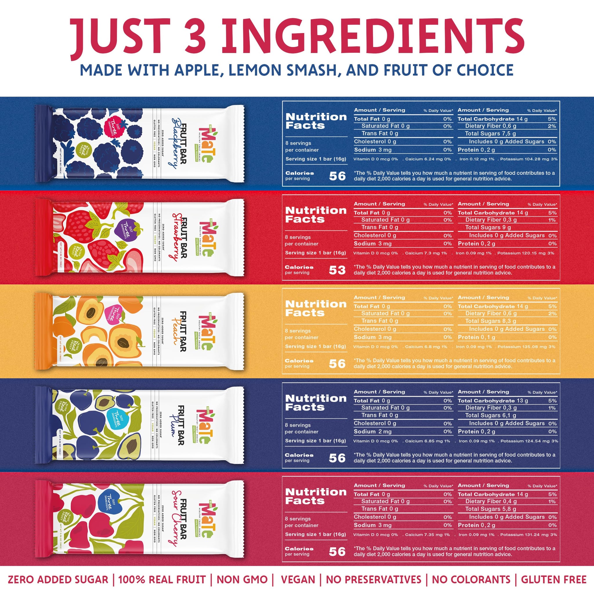 Mate Fruit Bars Variety Pack (40 Pack) - 100% Natural Real Fruit Snacks for Adults and Kids, Healthy Snacks, Fruit Leather. Gluten-Free, Vegan