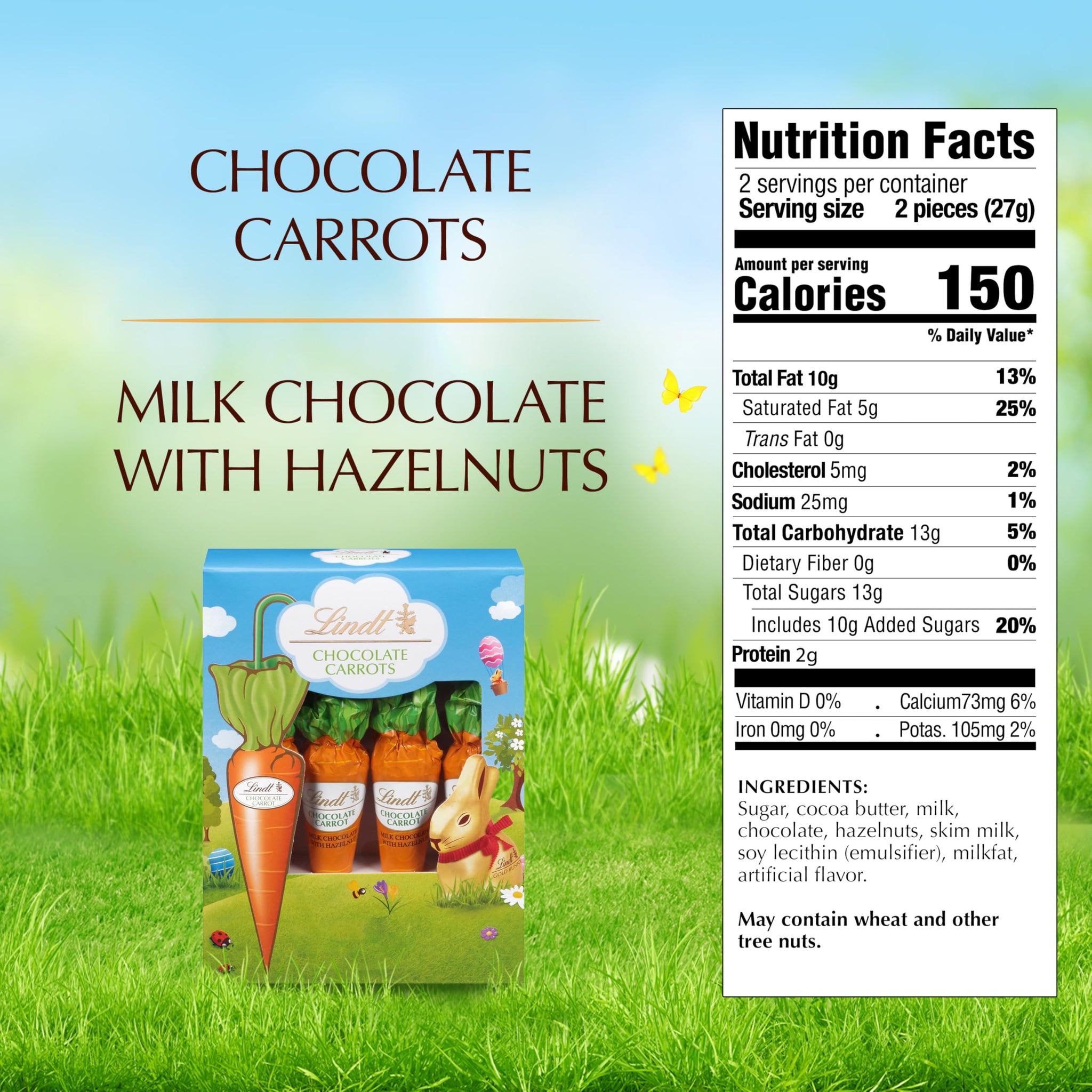 Lindt Chocolate Carrots, Solid Milk Chocolate Easter Candy Blended with Hazelnut, 1.9 Oz Box