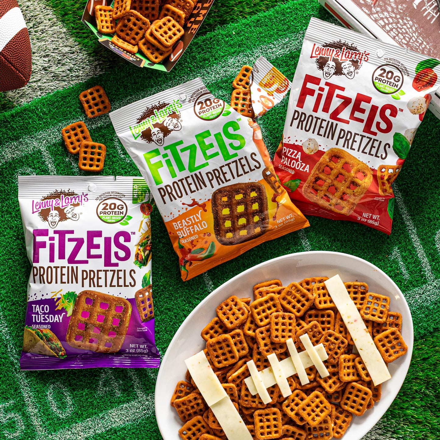 Lenny & Larry's FITZELS Protein Pretzels [GAME DAY Variety Pack] - 12 x 3oz Bags of High Protein Snacks with 20g Plant Based Protein - Incredibly