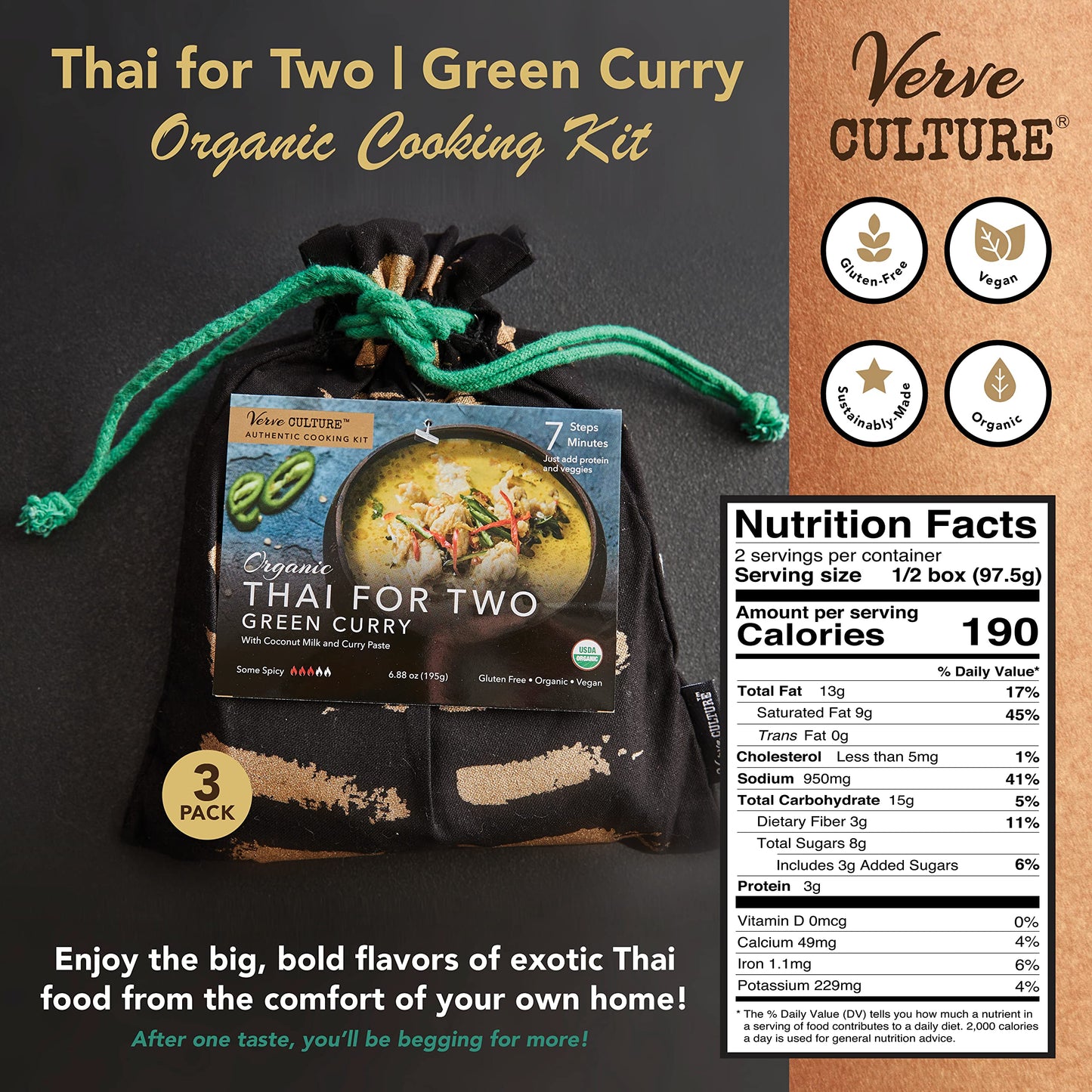 Verve CULTURE Thai for Two Cooking Kit | USDA-Organic Green Curry Cooking Kit | Authentic Thai Cuisine | Unique Cooking Gift Set | Vegan, Gluten-Free
