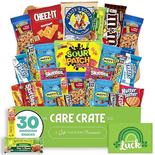 St. Patrick's Day Small Snack Box (30 Piece Variety Gift Basket Care Package) Chips, Candy, Peanuts, Popcorn, Cookies, Gummy Snacks, Chocolates & More