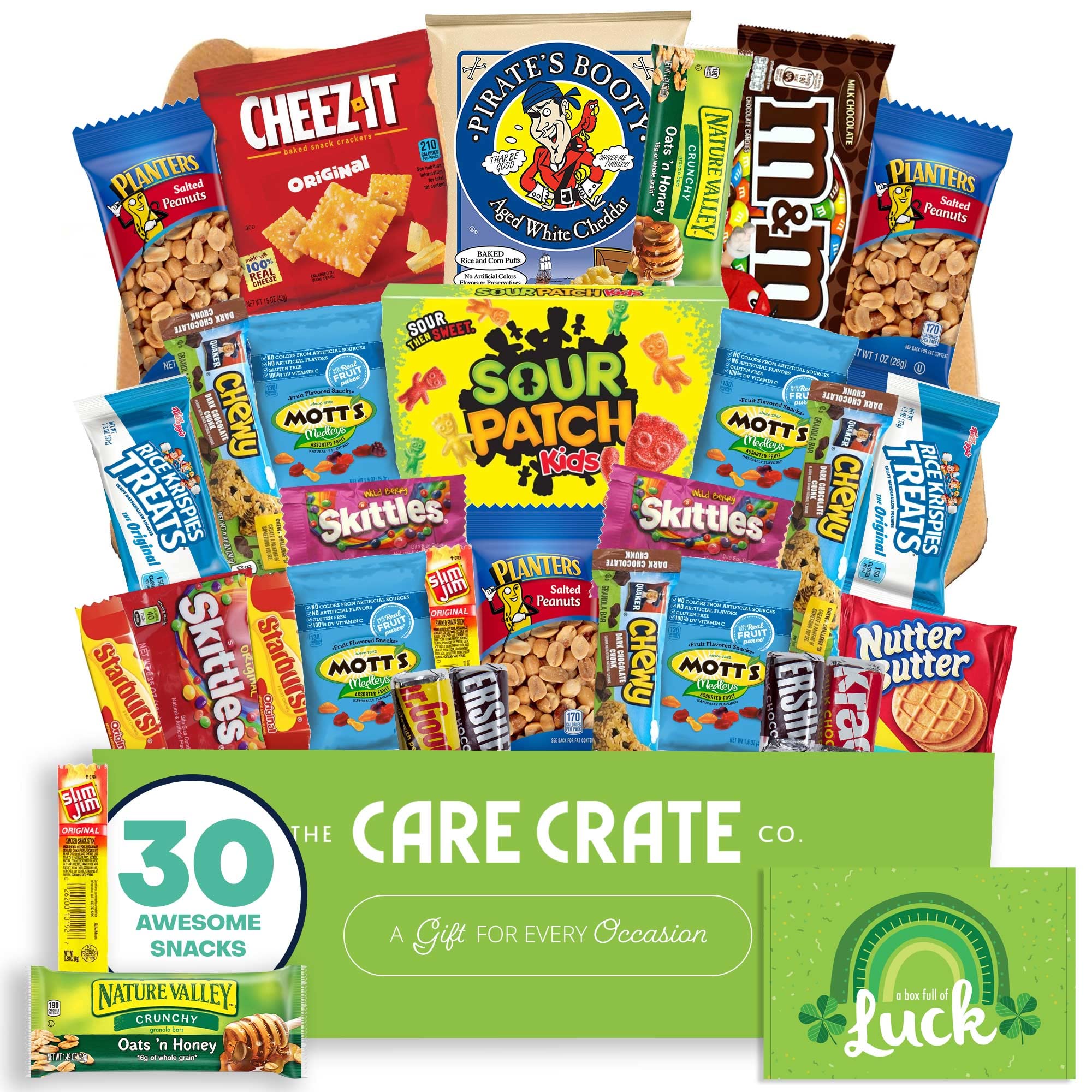 St. Patrick's Day Small Snack Box (30 Piece Variety Gift Basket Care Package) Chips, Candy, Peanuts, Popcorn, Cookies, Gummy Snacks, Chocolates & More