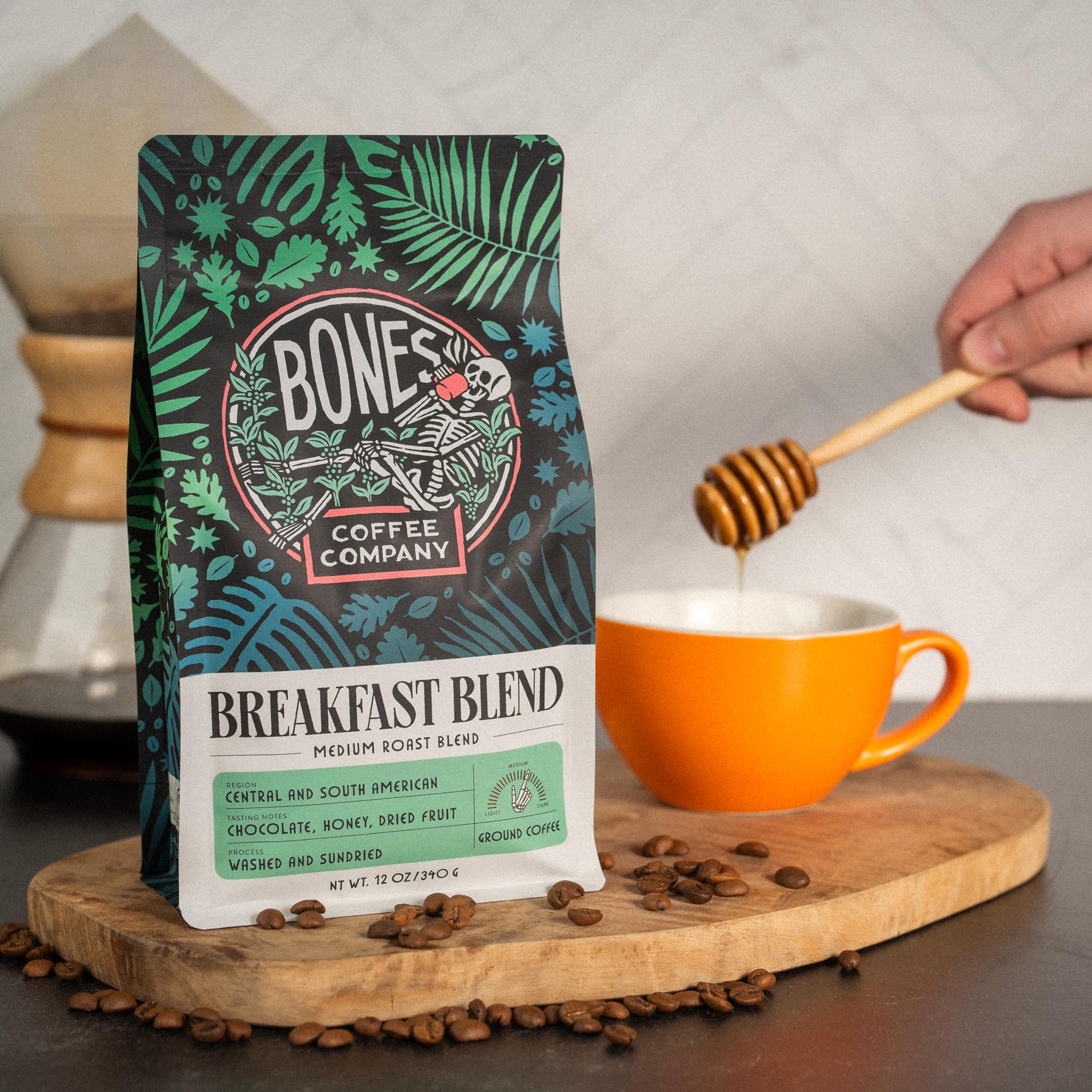 Bones Coffee Company Breakfast Blend, Chocolate, Honey and Dried Fruit Notes, Unflavored Coffee, Medium Roast Low Acid Arabica Beans Compatible