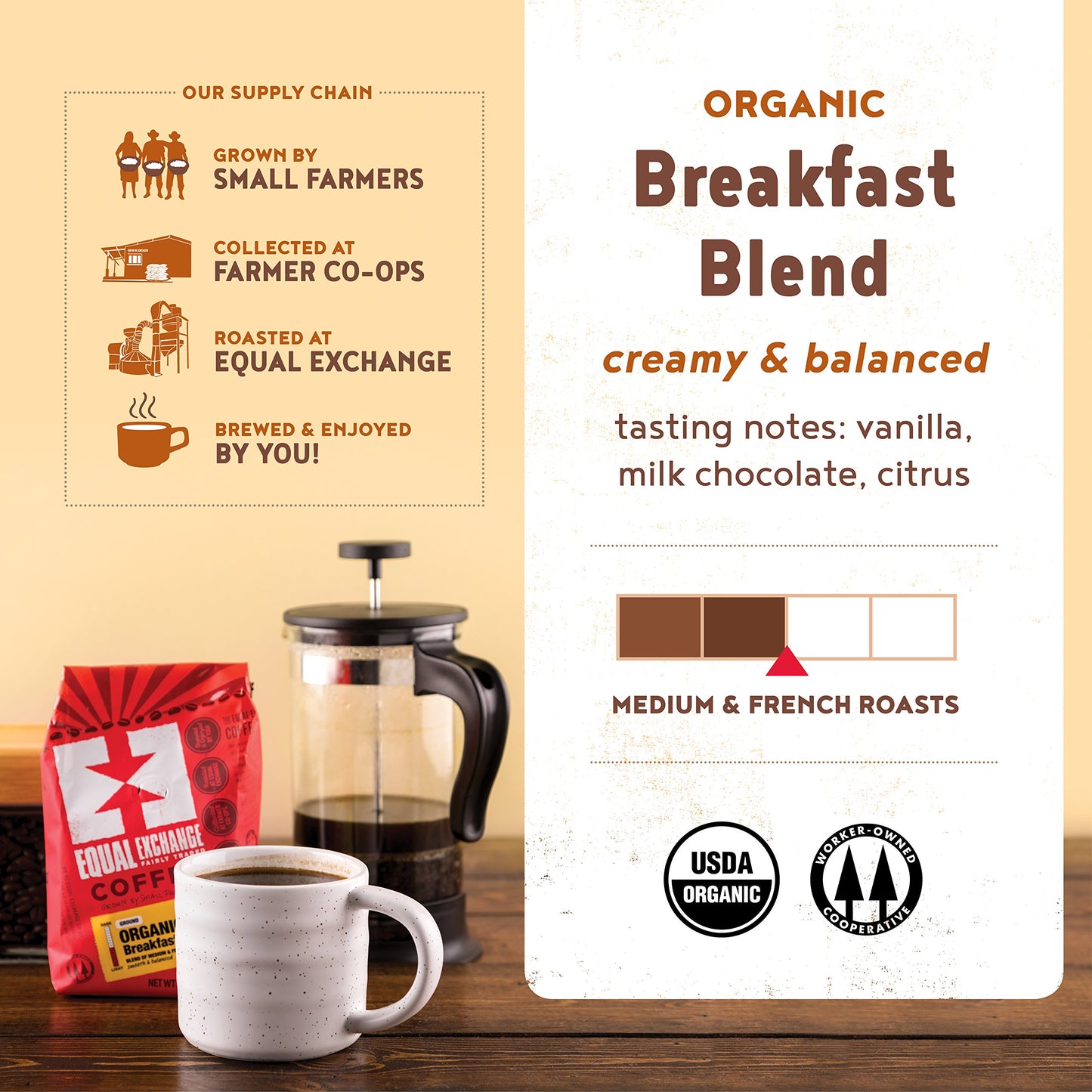 Equal Exchange Organic Whole Bean Coffee, Breakfast Blend, 12-Ounce Bag (Pack of 3)
