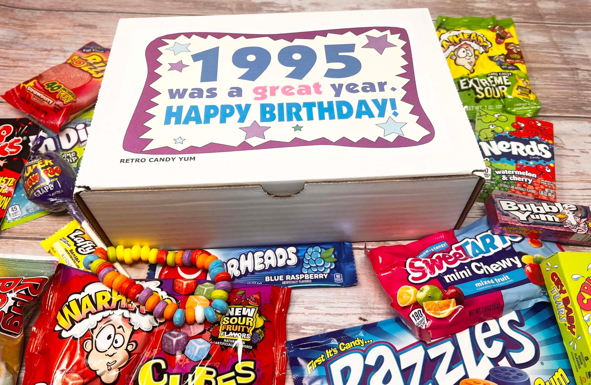RETRO CANDY YUM ~ 1995 31st Birthday Nostalgic Candy Gift Basket Box 90s Assortment from Childhood Memories for 31 Year Old Woman or Man Born 1995 Jr