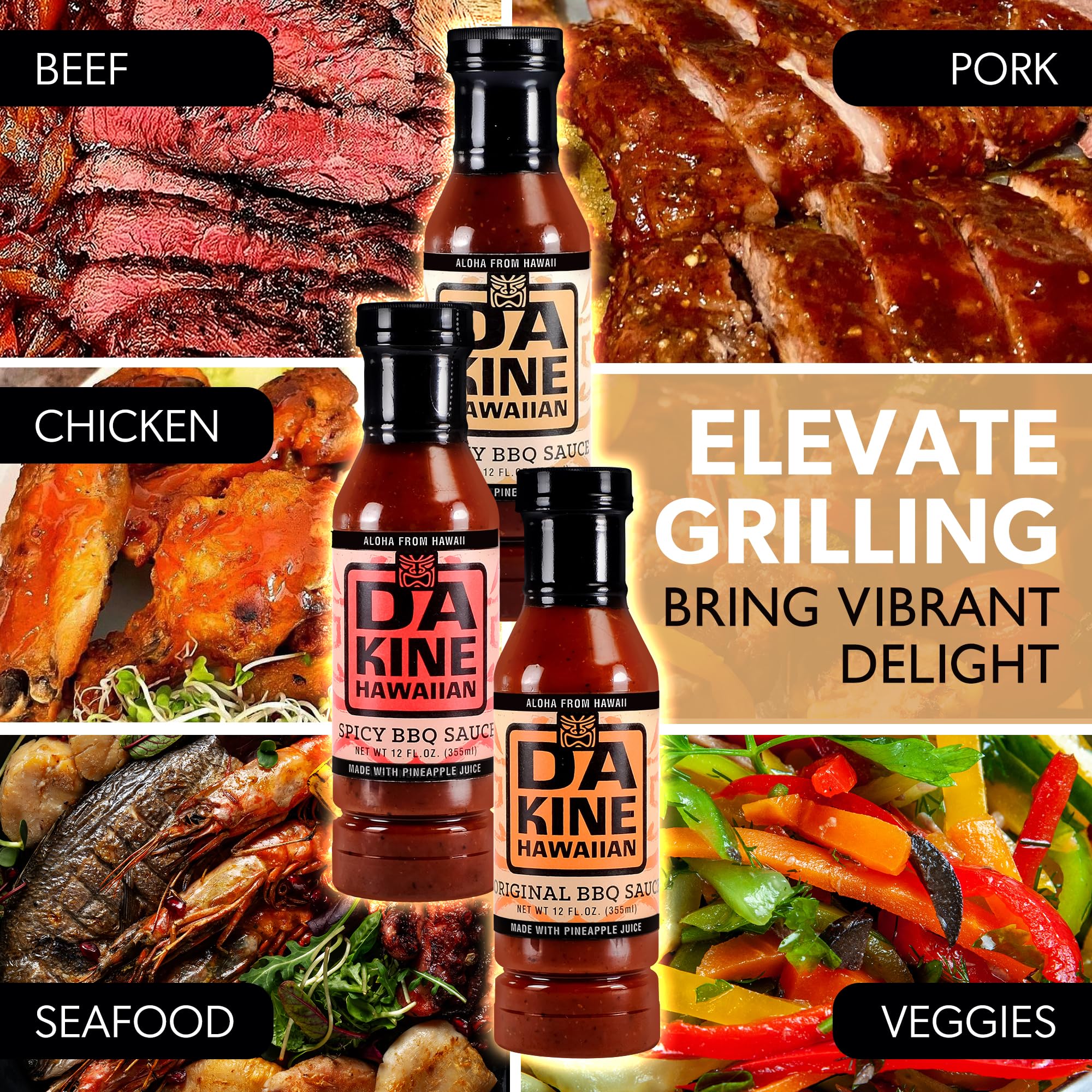 Da Kine Hawaiian BBQ Sauce Gift Set - Original, Smoky & Spicy BBQ Sauce Sampler - Made with Pineapple Juice - Gourmet Barbecue Sauces for Grilling