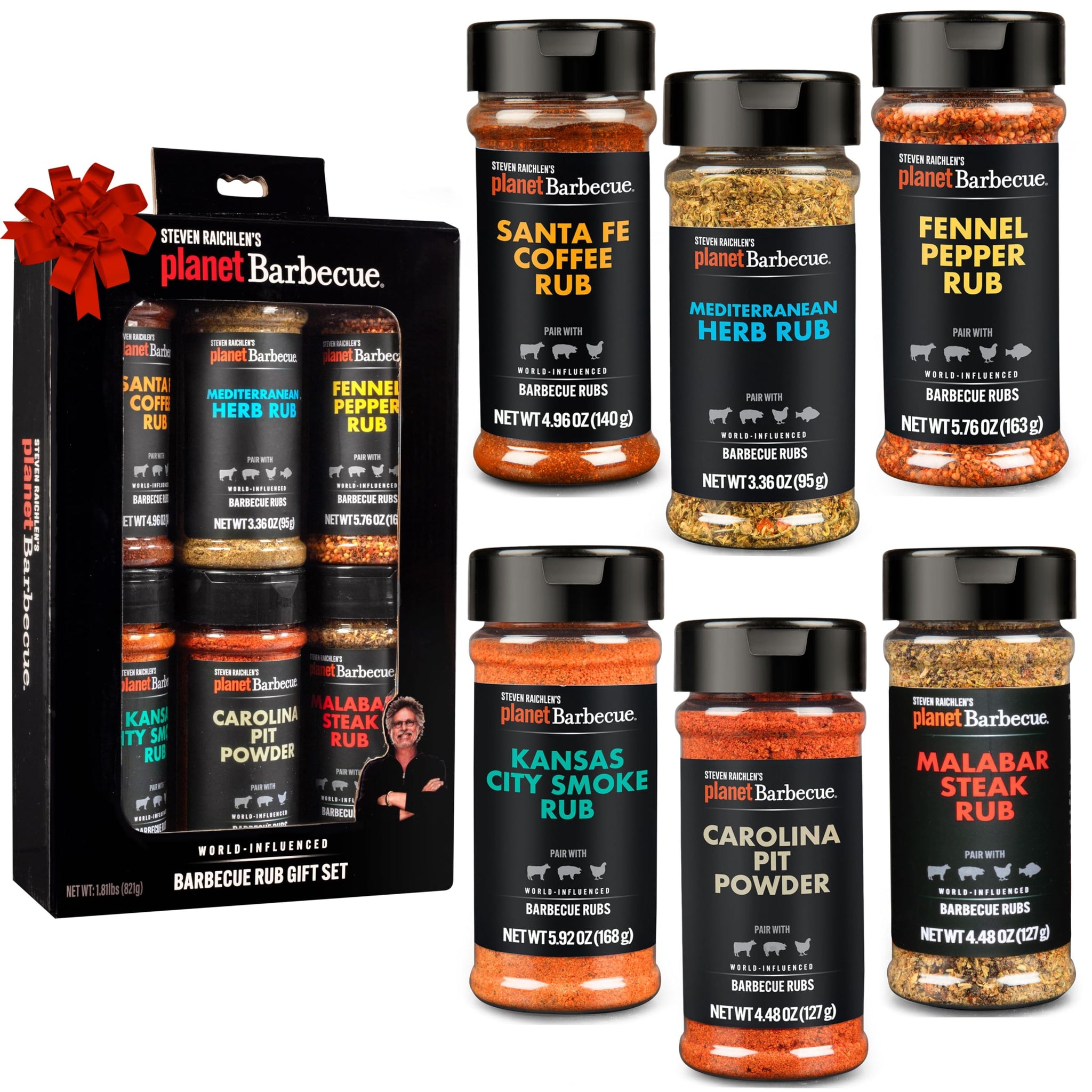 Steven Raichlen's Planet Barbecue Gourmet BBQ Rubs & Spices Gift Box 6 Pack- Grill Seasonings Set with Worldwide Flavors- Great Grilling Gift for Men