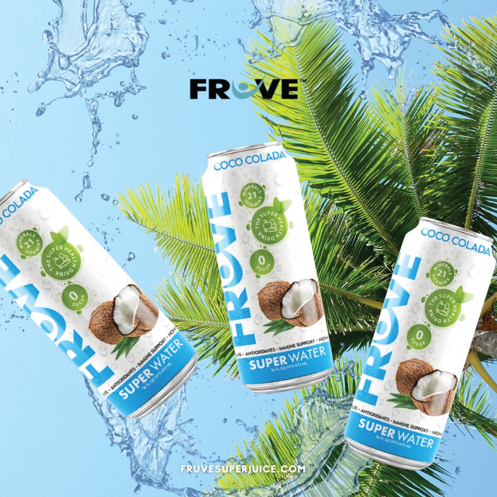 FrUve Super Water | Coco Colada Flavor | 12 16oz Cans | Healthy Drink | Zero Sugar | Low Calorie Drink | Powerful Antioxidants | Boosts Immune System