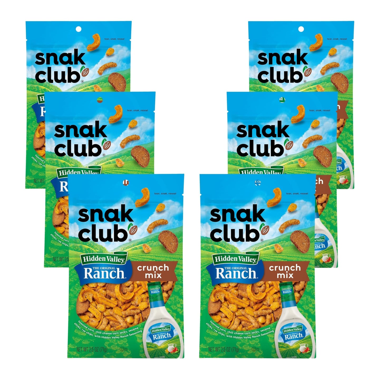 Snak Club Crunch Mix with Hidden Valley Ranch Seasoning, Toasted Corn, Chili Cheese Corn Jacks, Sesame Sticks, and Rye Chips, Kosher Snack, 2.5 oz