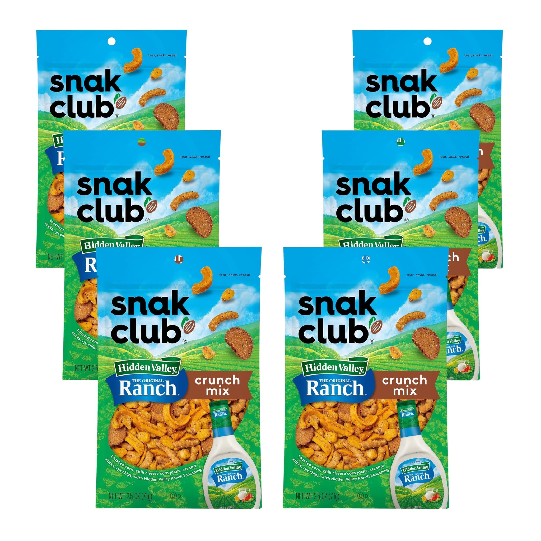 Snak Club Crunch Mix with Hidden Valley Ranch Seasoning, Toasted Corn, Chili Cheese Corn Jacks, Sesame Sticks, and Rye Chips, Kosher Snack, 2.5 oz