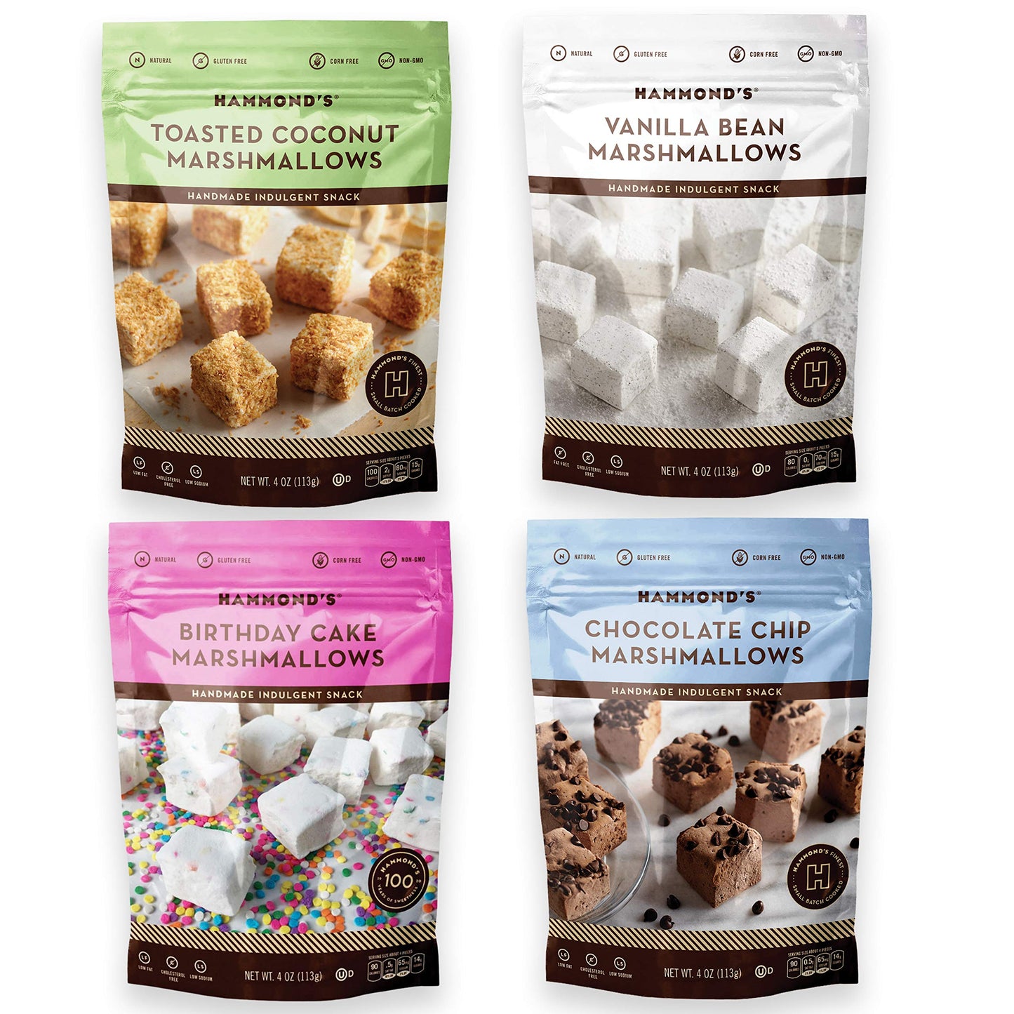 Hammond's Candies | Gourmet Variety Pack Marshmallows | 4 Bags, Great for Snacking | Hot Chocolate, S’mores and Homemade Brownies | Small Batches |