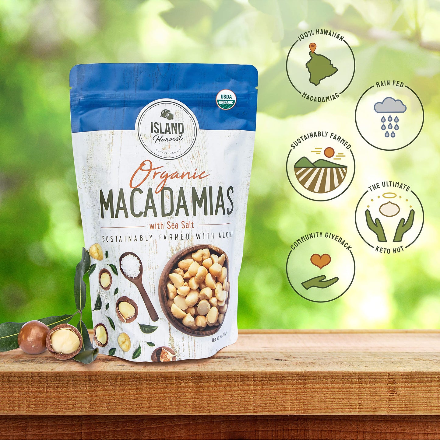 Island Harvest Organic Macadamia Nuts with Sea Salt - 100% Hawaiian Keto Friendly Nuts; All-Natural Non-GMO Macadamia Nuts Salted; Dry Roasted Nuts