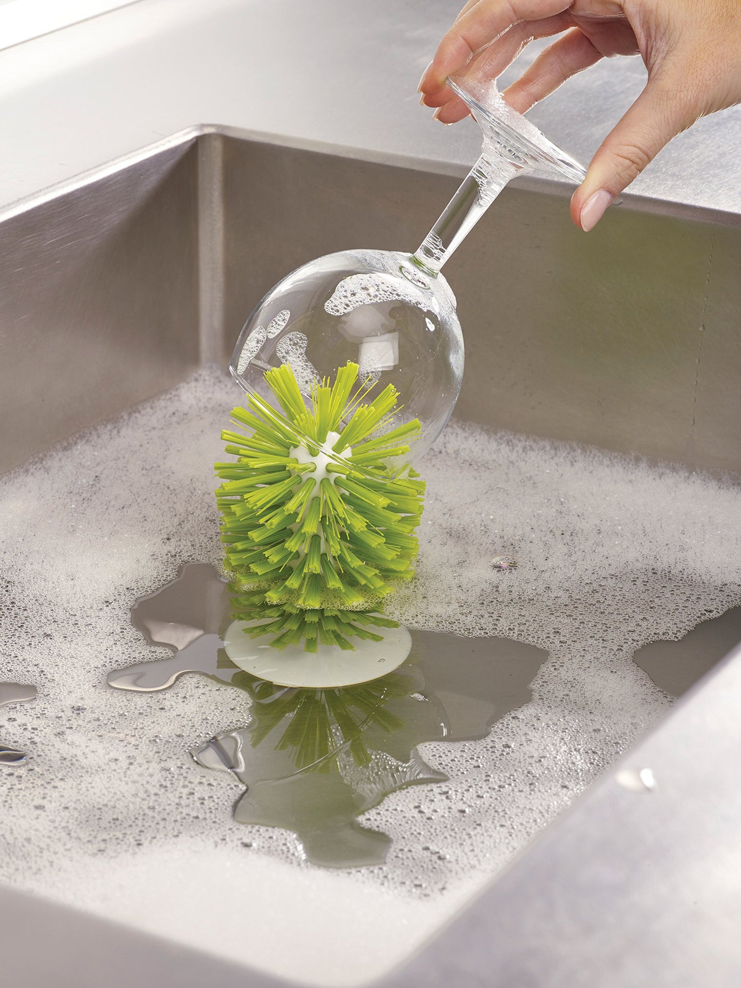 Joseph Joseph 85103 Brush-Up Glass Brush with Suction Cup Upright Stays in Sink Bristle Scrub Kitchen Bottle Cleaning Washing, Green