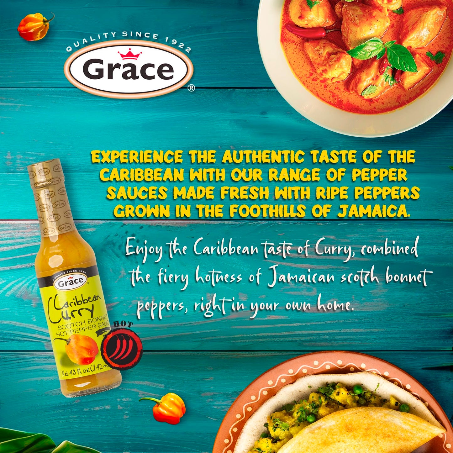 Grace Caribbean Curry Scotch Bonnet Hot Pepper Sauce 4.8oz - 2 Pack - Authentic Jamaican Scotch Bonnet Pepper Sauce with Caribbean Curry Spices