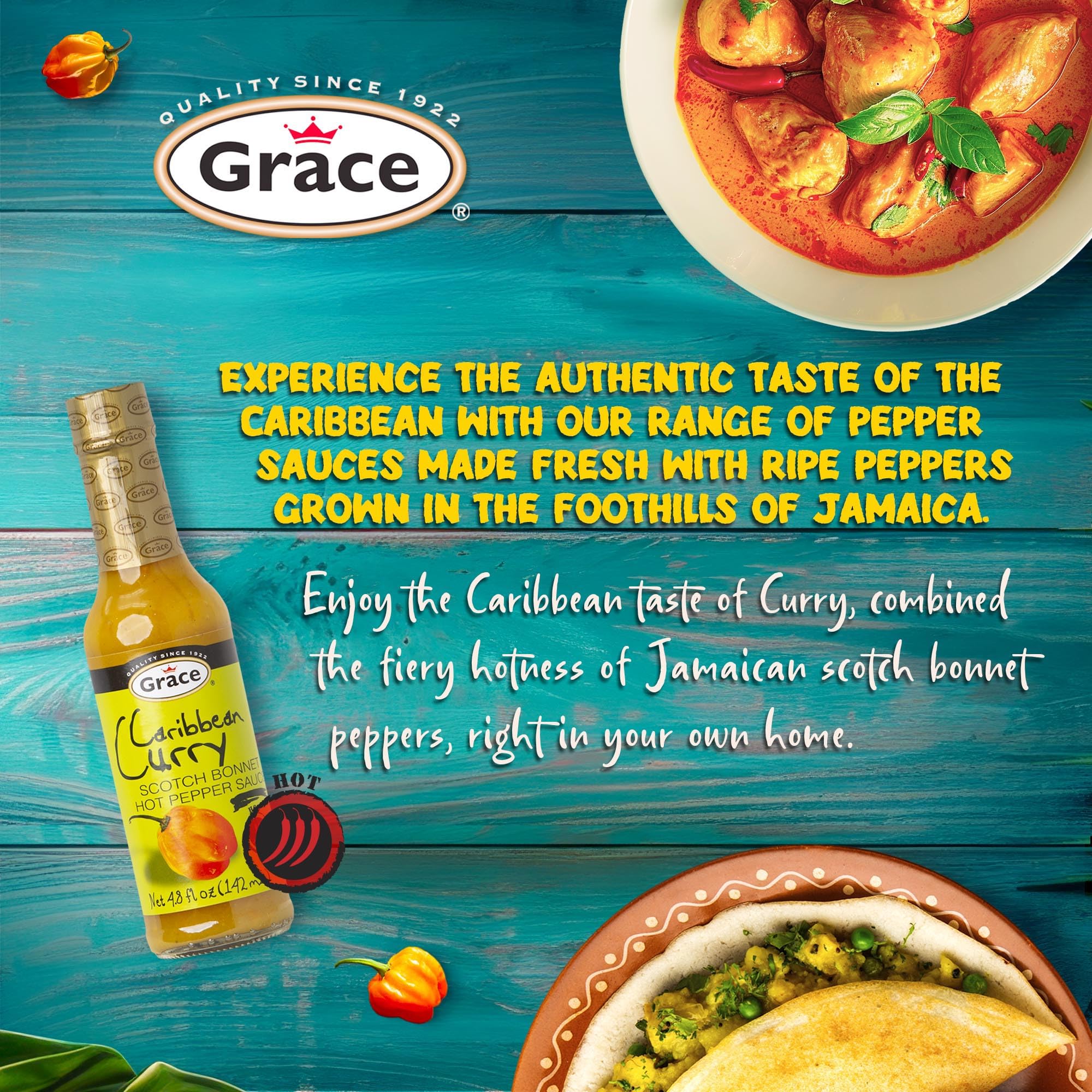Grace Caribbean Curry Scotch Bonnet Hot Pepper Sauce 4.8oz - 2 Pack - Authentic Jamaican Scotch Bonnet Pepper Sauce with Caribbean Curry Spices