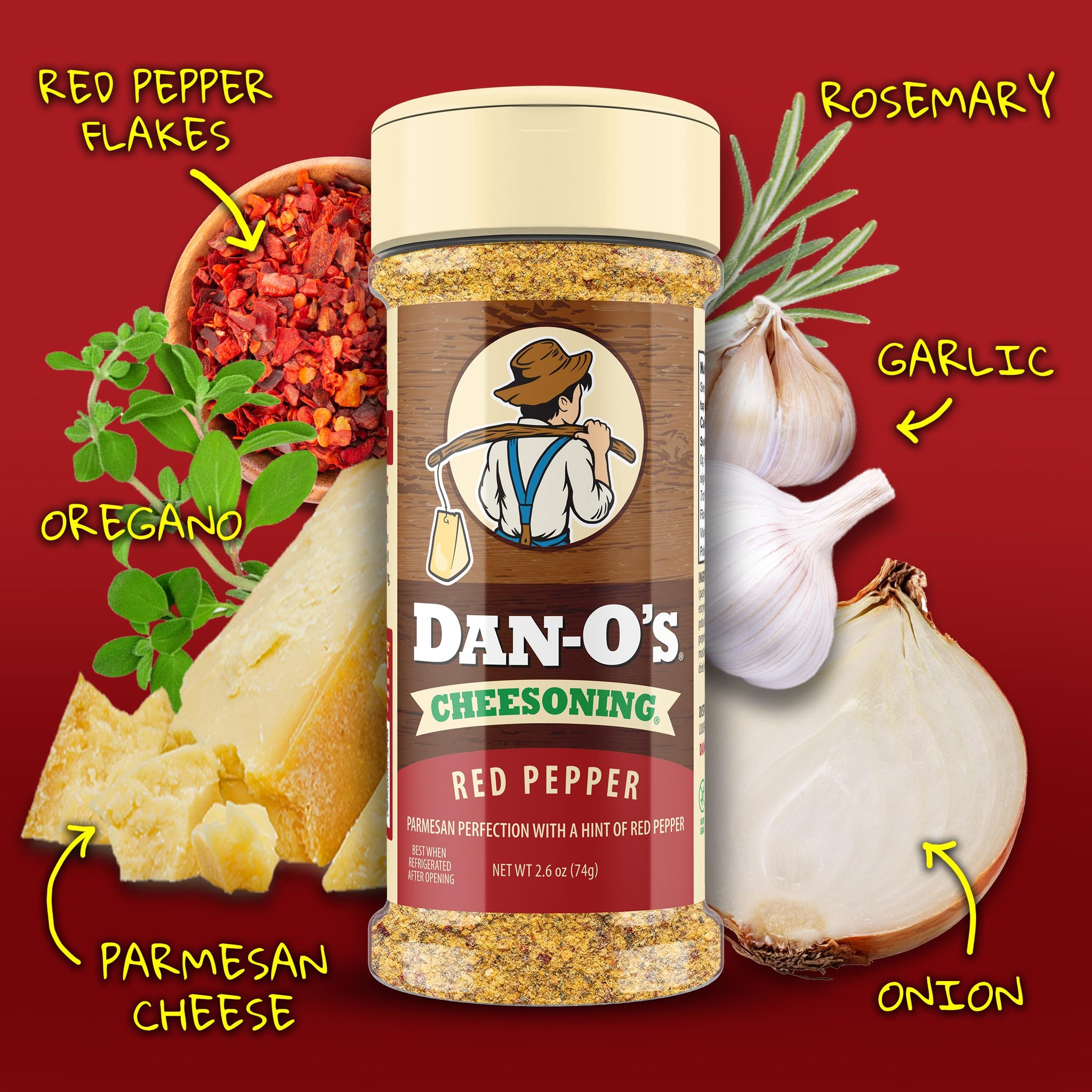Dan-O's Red Pepper Cheesoning Seasoning, 2.6 oz Bottle, 2 Pack, Cheesy Seasoning for Pizza, Popcorn, Chicken and More, Sugar Free, Zero Calorie, Bold