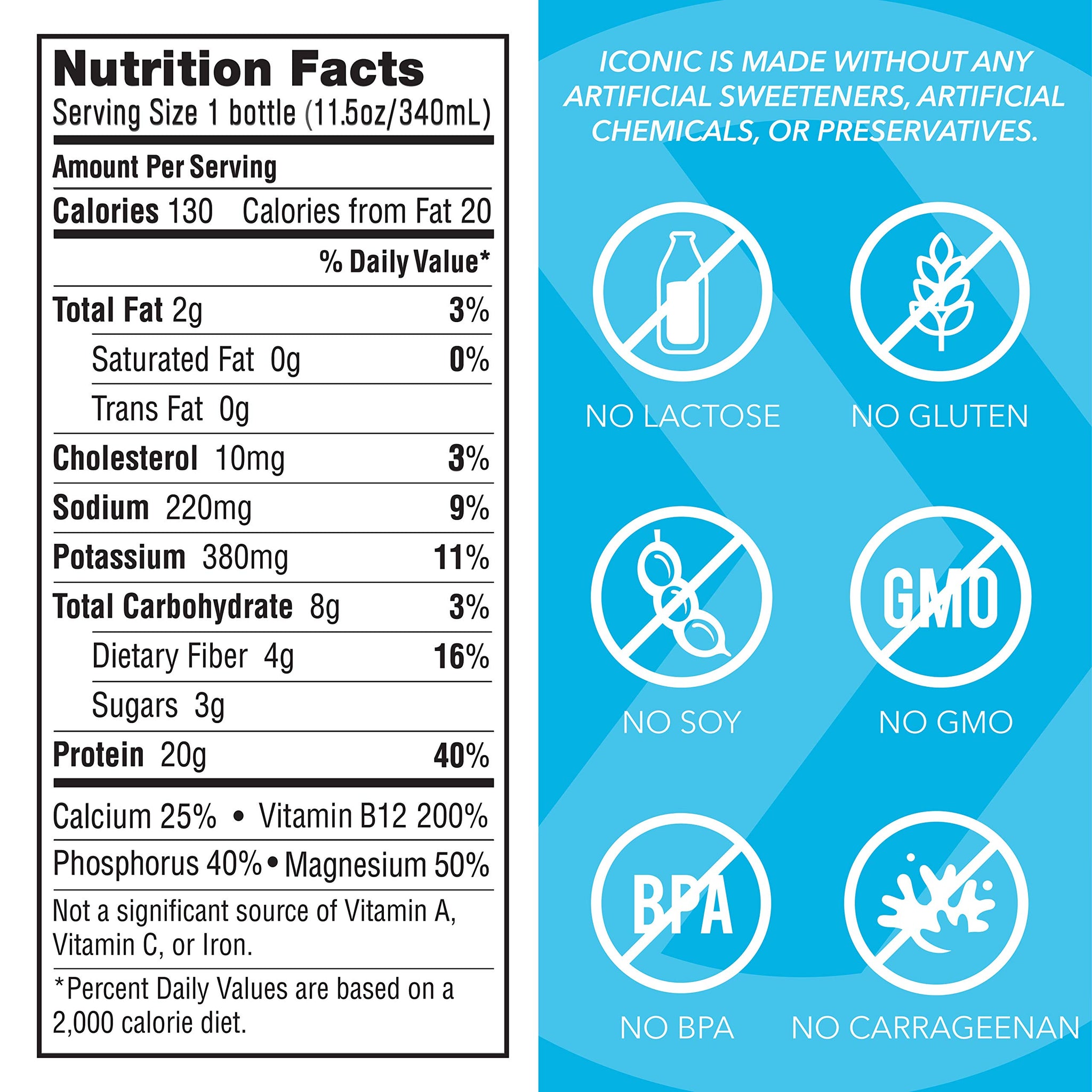 Iconic Protein Drinks, Vanilla Bean (12 Pack) - Sugar Free & Low Carb - 20g Grass Fed Protein - Lactose Free, Gluten Free, Non-GMO, Kosher - Keto
