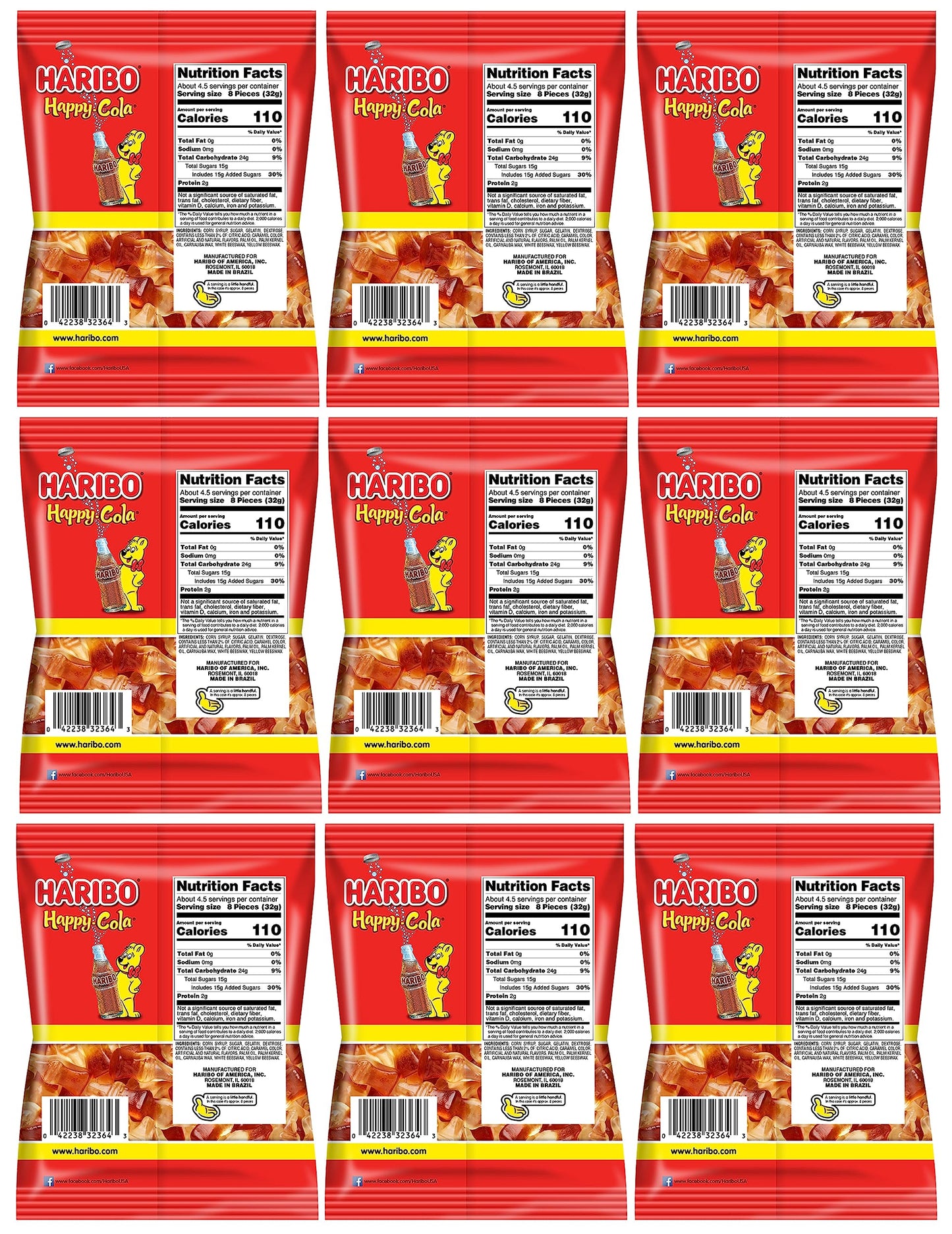 Haribo Happy Cola Gummy Candy Pack of 9 (5oz Bags) American Dulces Candy Pack for Halloween, Easter & More in a King of Sweets Bulk Bag