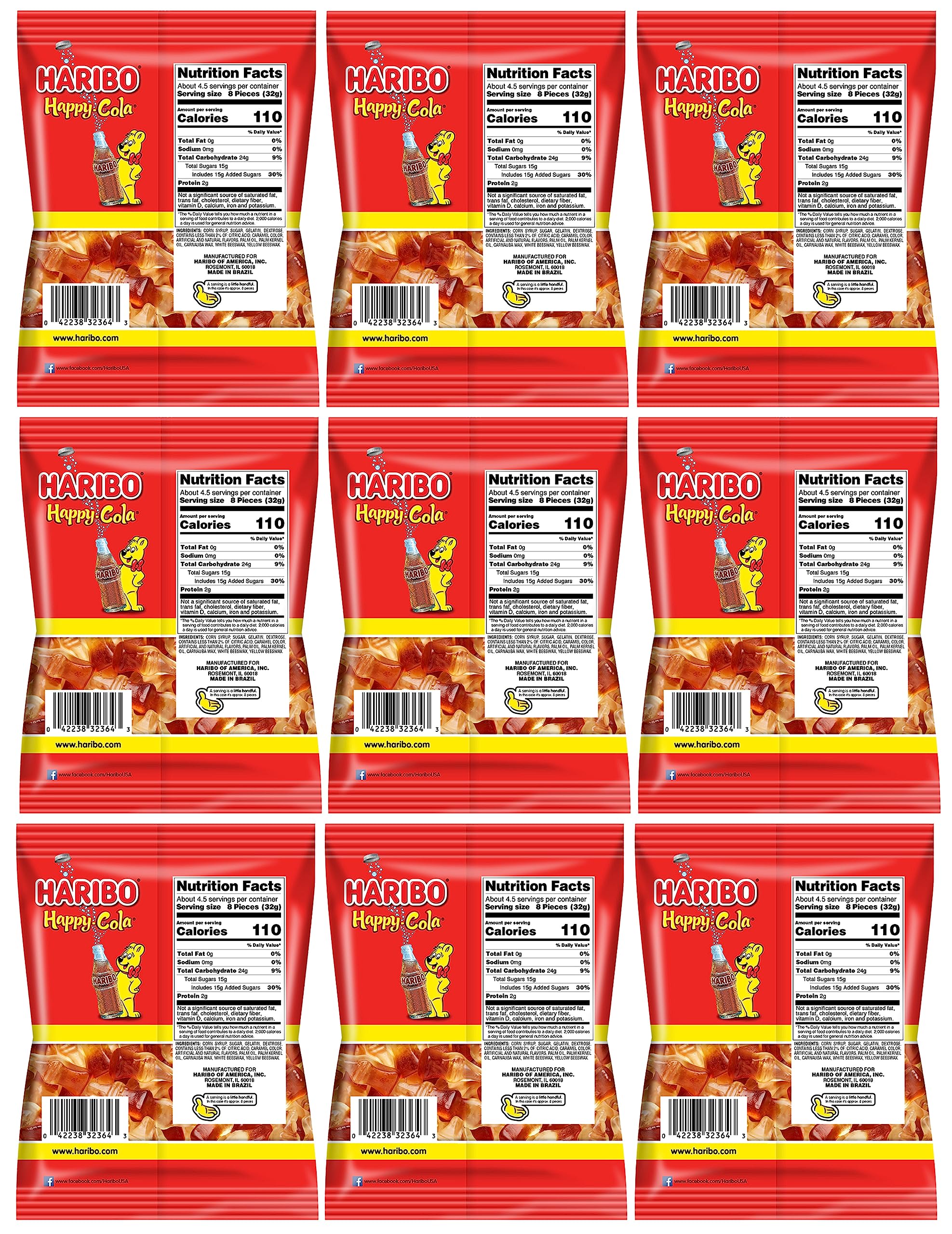 Haribo Happy Cola Gummy Candy Pack of 9 (5oz Bags) American Dulces Candy Pack for Halloween, Easter & More in a King of Sweets Bulk Bag