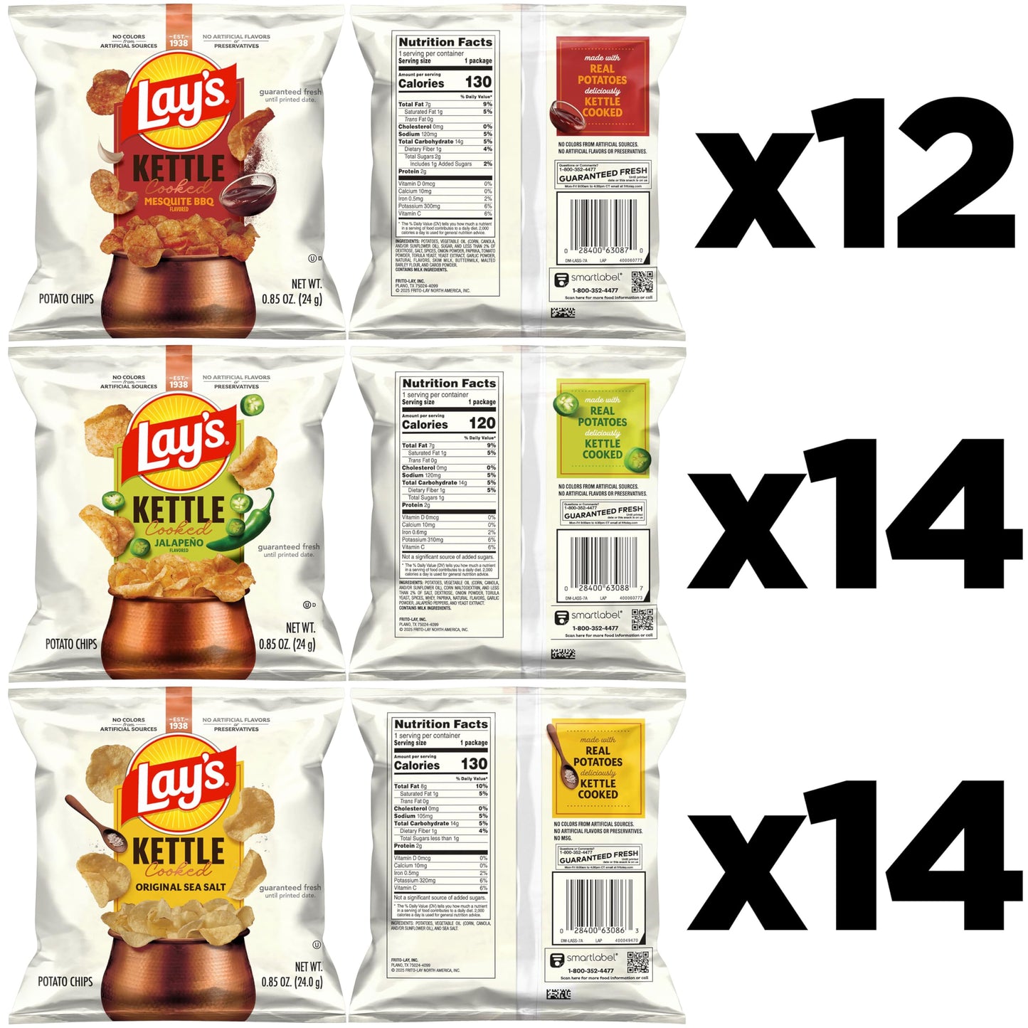 Lay's Kettle Cooked Potato Chips, Variety Pack, 0.85 Ounce (Pack of 40)