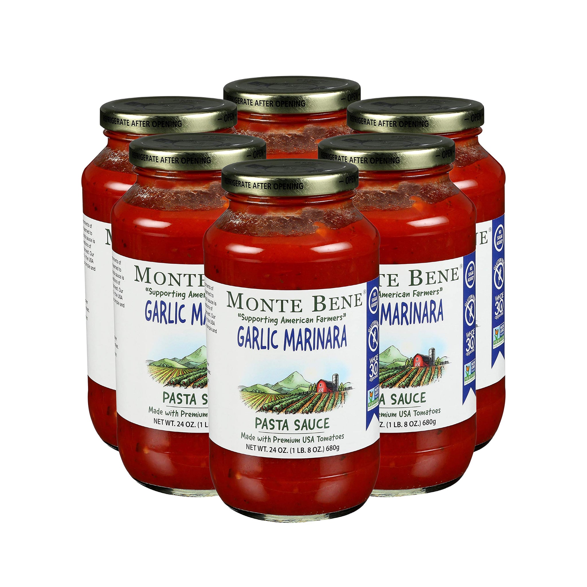 Monte Bene - Garlic Marinara Pasta Sauce - 24 oz (Pack of 6) - Non GMO, Whole 30 Approved, Gluten Free, No Sugar Added