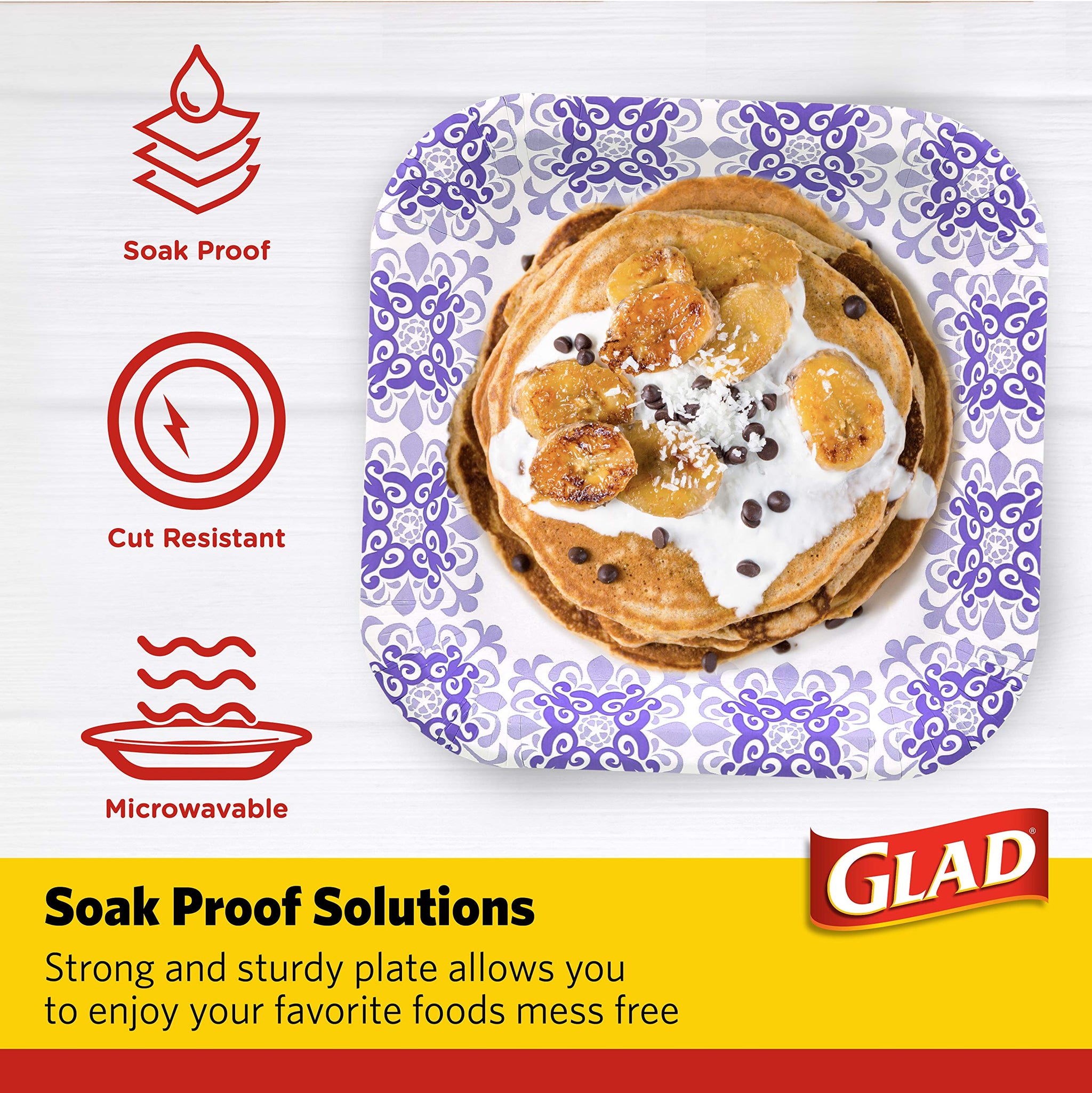 Glad Square Disposable Paper Plates for All Occasions | Soak Proof, Cut Proof, Microwaveable Heavy Duty Disposable Plates | 8.5" Diameter, 50 Count