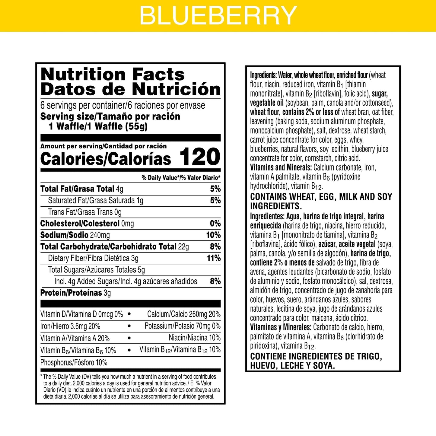 Eggo Thick and Fluffy Frozen Waffles, Frozen Breakfast, Resealable, Blueberry, 11.6oz Box (6 Waffles)