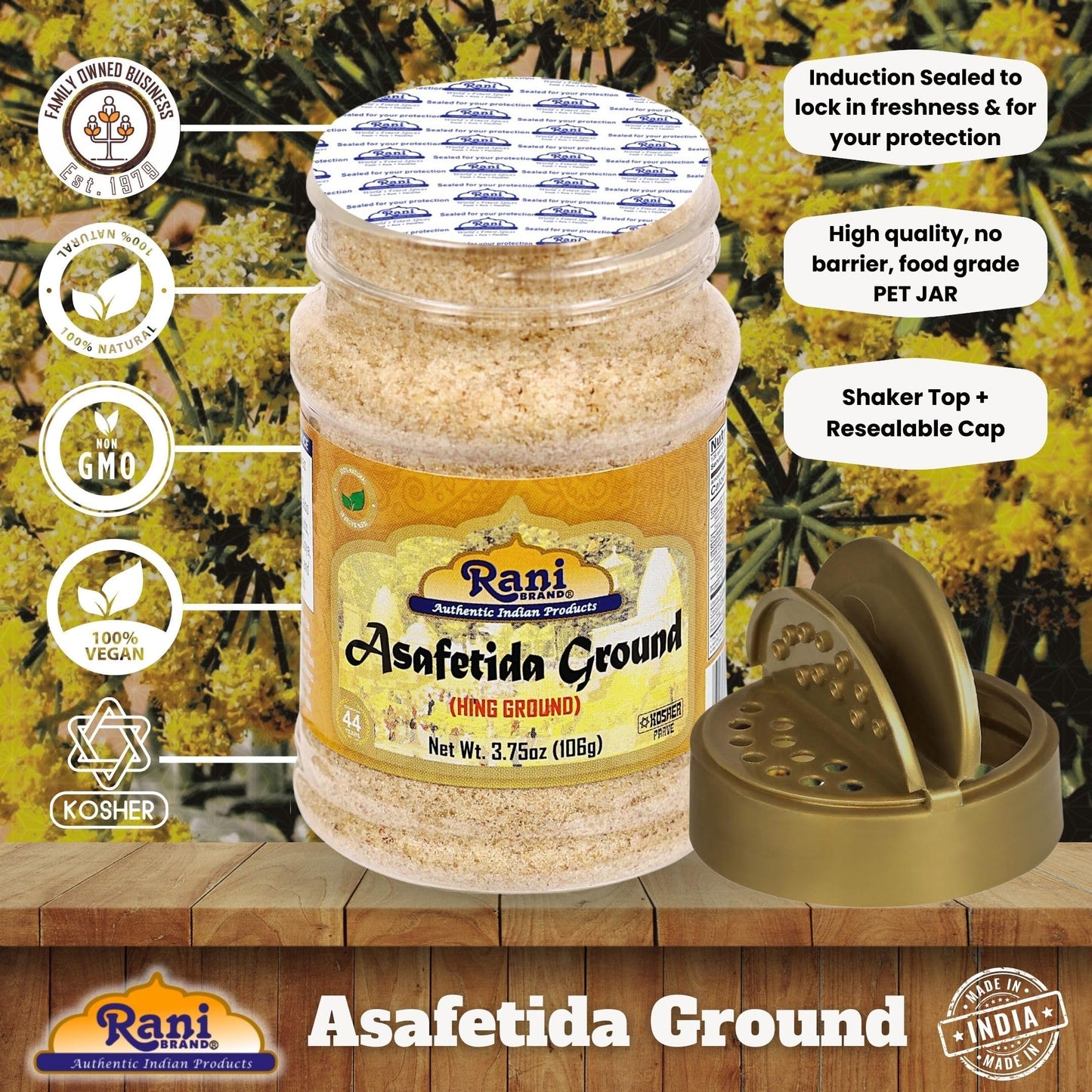 Rani Asafetida (Hing) Ground 3.75oz (106g) PET Jar ~ All Natural | Salt Free | Vegan | Non-GMO | Kosher | Asafoetida Indian Spice | Best for Onion