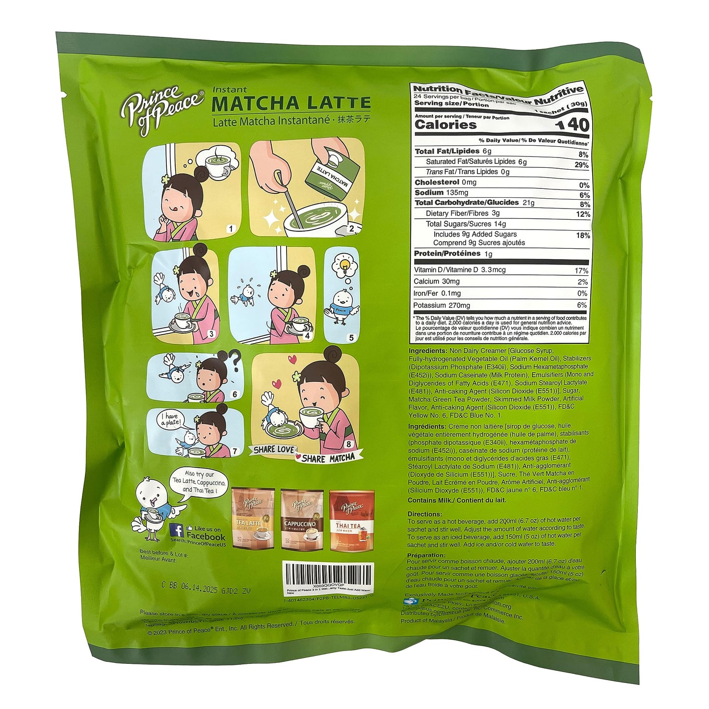 Prince of Peace 3 in 1 Matcha Latte Instant Beverage, 24 Sachets - Made with Matcha Powder from Japan - Instant Hot or Cold Beverage - Easy to Brew