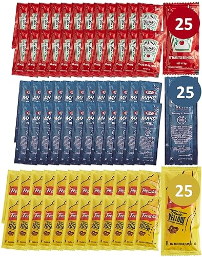 25 Ketchup, 25 Mustard & 25 Mayo Packets - 75 Total Condiment Packs (approximately 25 packets each)