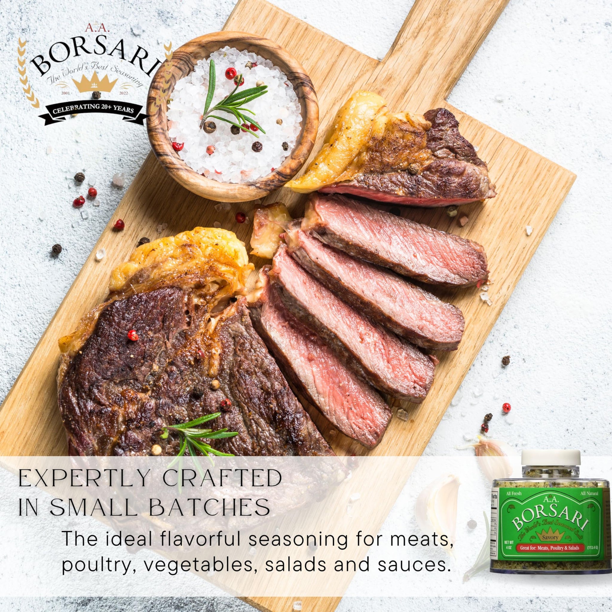 Borsari Seasoned Salt 2-Shaker Gift Set - Savory Seasoning Blend - Gourmet Seasonings For Steak, Fish, Poultry, & More - (4oz Shaker Bottles)