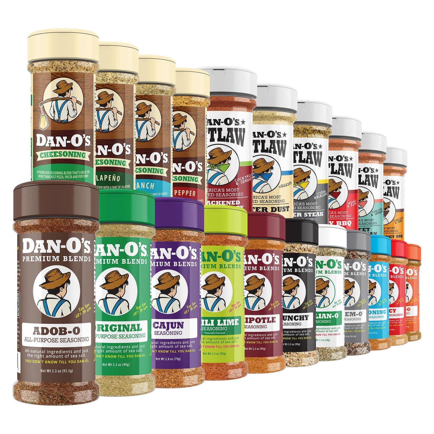 Dan-O’s Ultimate 21 Bottle Seasoning Variety Pack - Complete Spice Set with Original, Cheesoning, Outlaw BBQ, Butter, Cajun, Taco, Italian, Seafood