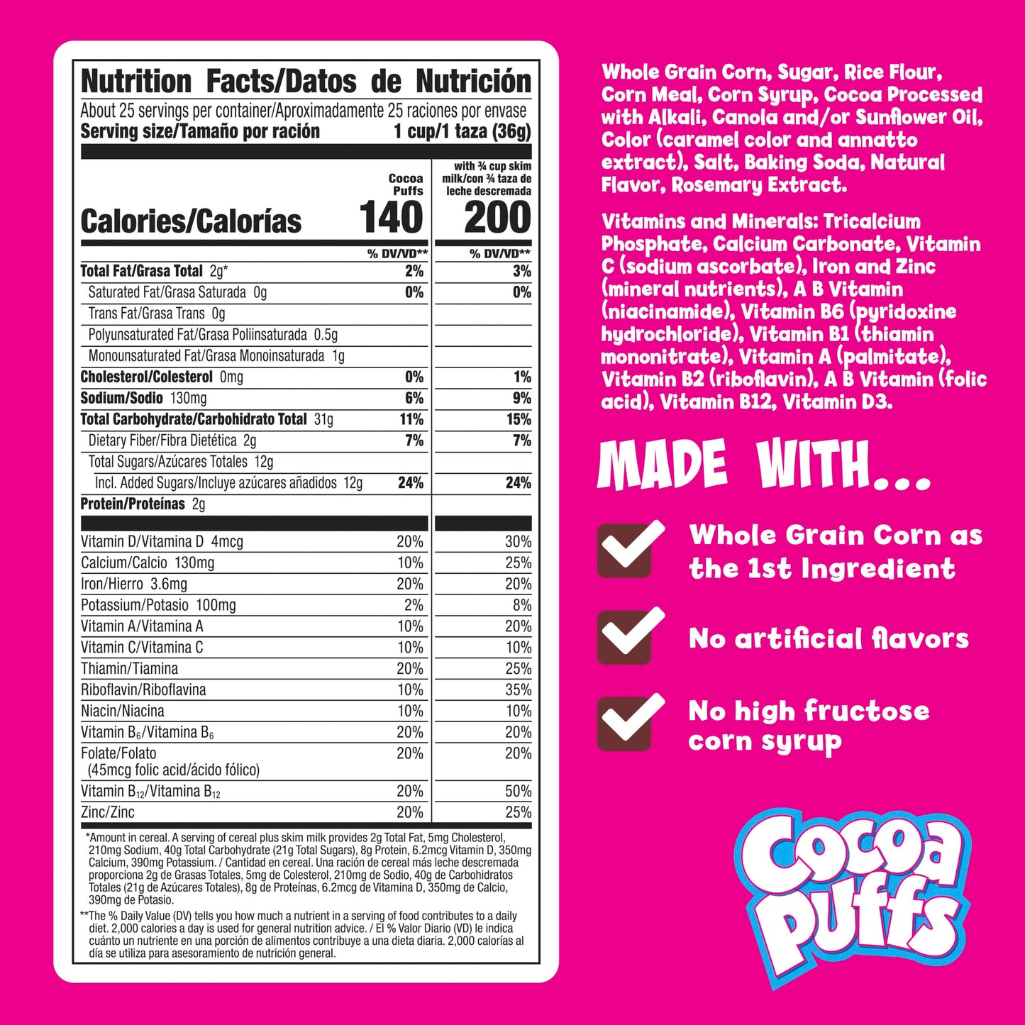 Cocoa Puffs, Chocolatey Breakfast Cereal, Made with Whole Grain, 32 oz Resealable Bag