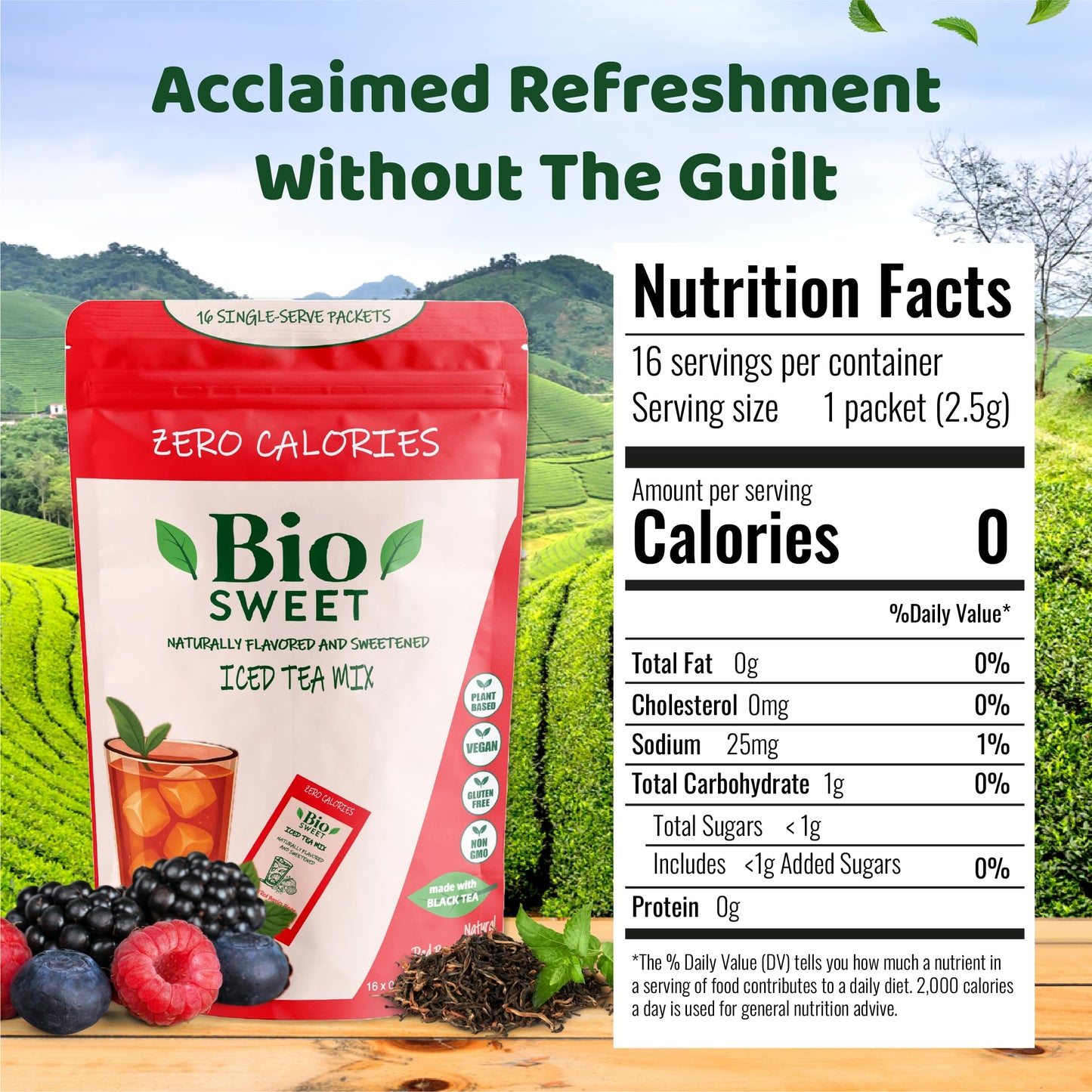 BioSweet Iced Tea Mixes - Red Berries Flavor | Zero Calorie Mix from Real Black Tea | Naturally Sweetened & Flavored | Non GMO, Gluten Free, Vegan (16