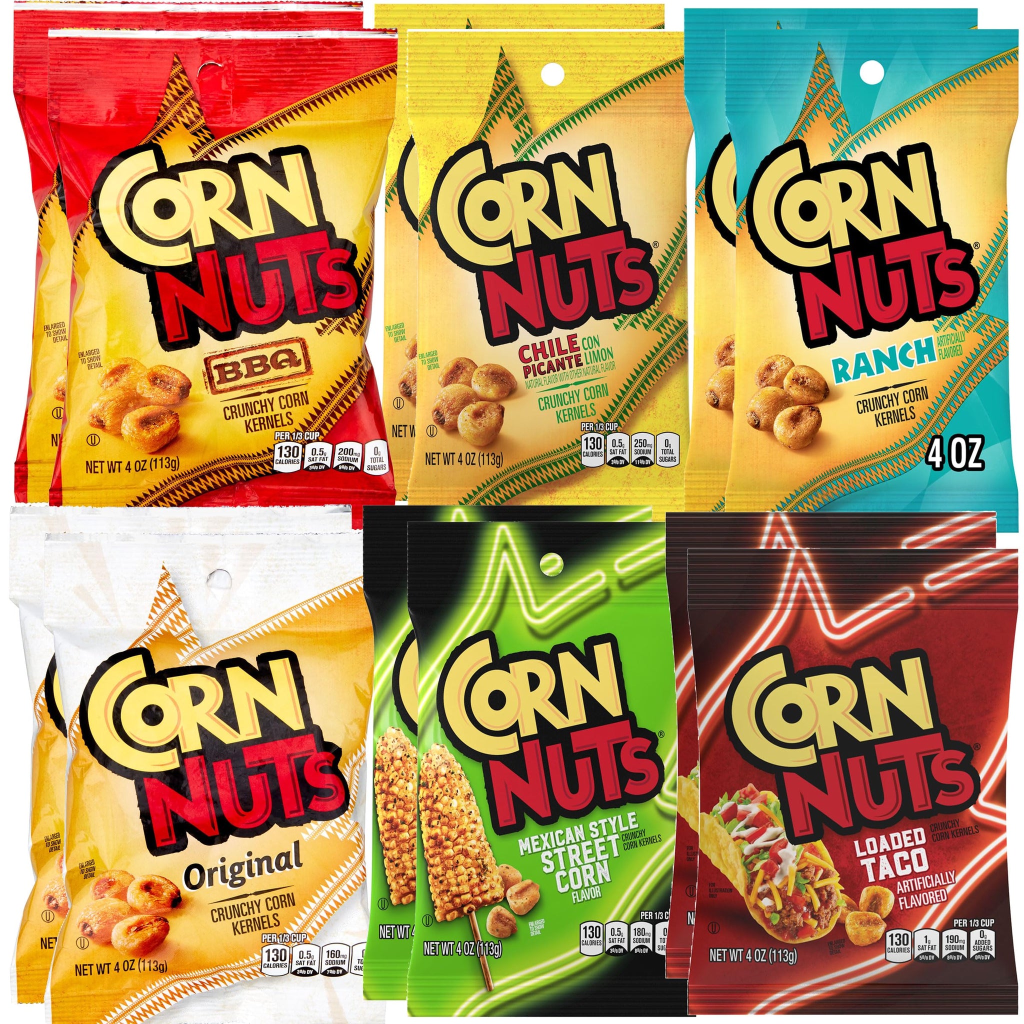 Crunchy Corn Nuts Variety Pack, 4 Ounce Bags Each (Pack of 12), 6 Flavors - Original, Loaded Taco, Ranch, Chile Picante, BBQ & Mexican Street Corn