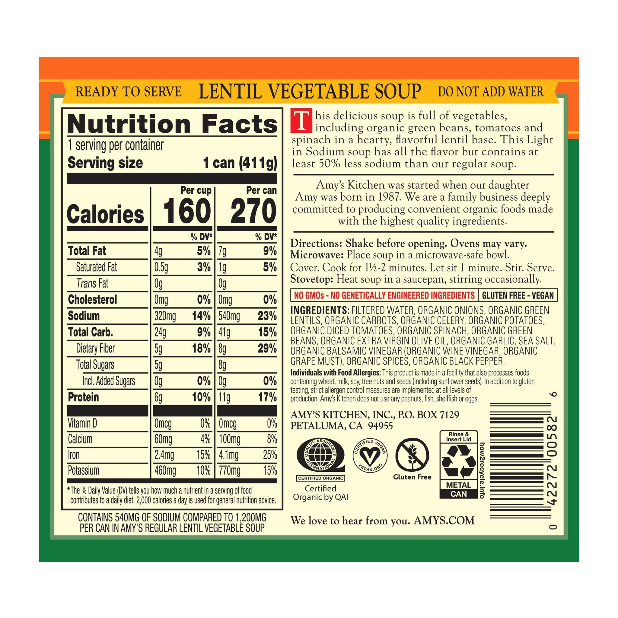 Amy's Lentil Vegetable Low Sodium Organic Soup, 14.5 Ounce