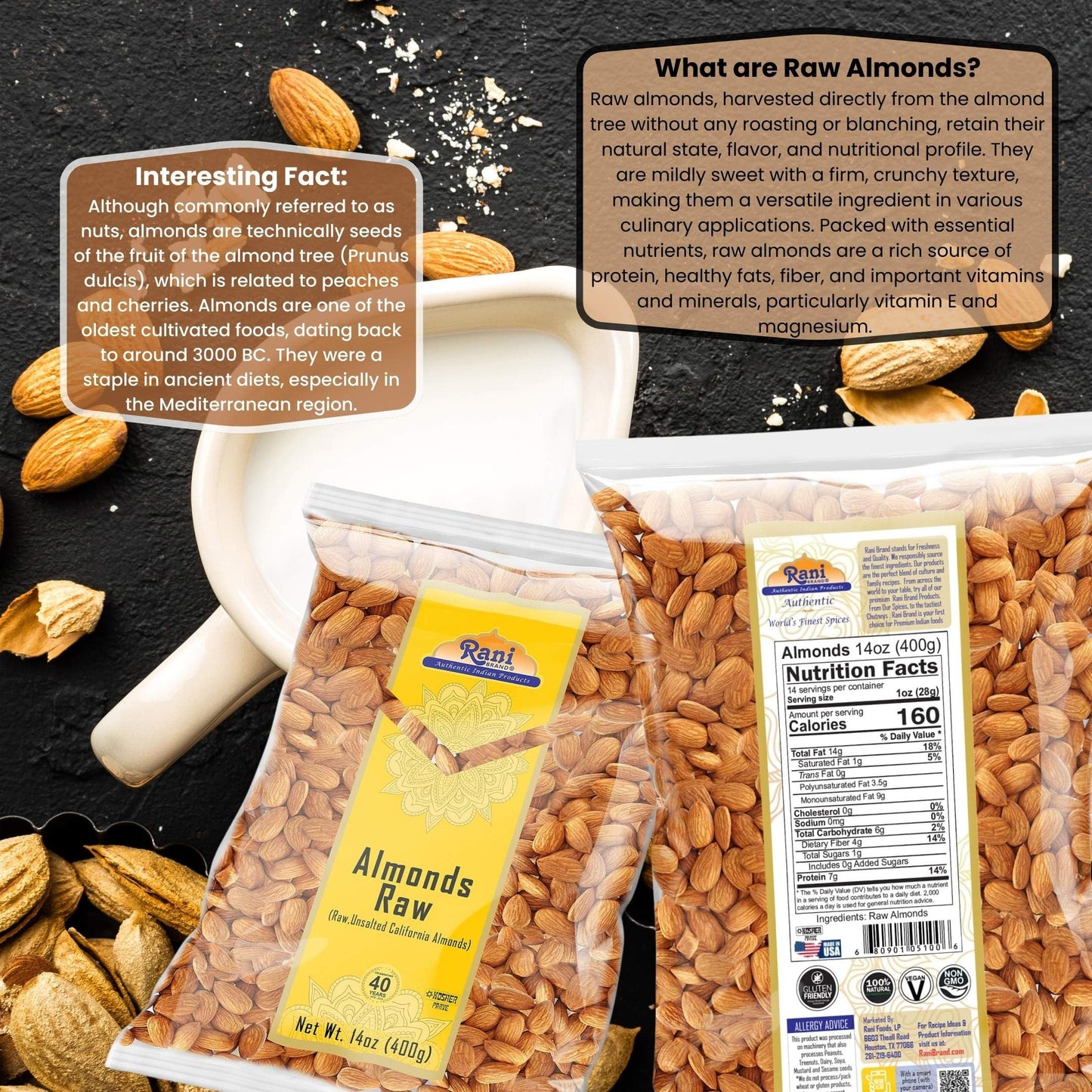 Rani Almonds, Raw Whole With Skin (uncooked, unsalted) 14oz (400g) ~ All Natural | Vegan | Gluten Friendly | Kosher | Fresh Product of USA ~