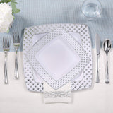 FOCUSLINE 175 Count Silver Dinnerware Set for 25 Guests, Disposable Square Plastic Plates with Diamond Rim, Includes 25 Dinner & Dessert Plates