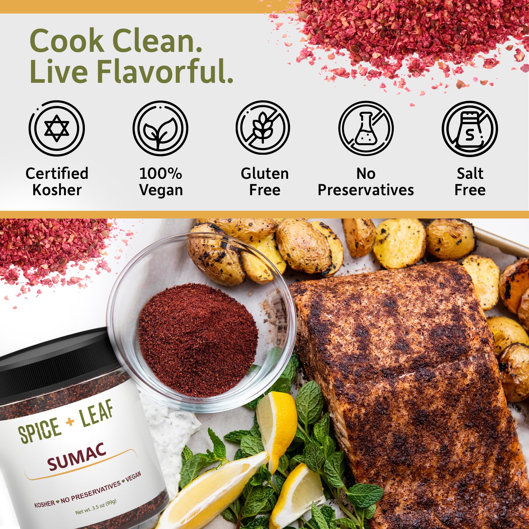 Premium Ground Sumac Spice by SPICE + LEAF - Vegan Kosher Preservative Free Red Middle Eastern Ground Herb, 3.5 oz.