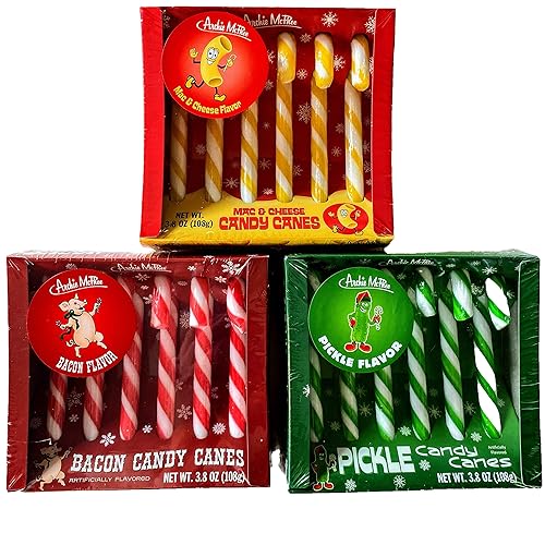Archie McPhee Dill Pickle, Mac and Cheese, and Bacon Christmas Candy Canes - Stocking Stuffers - Funny Novelty Weird Candy - Prank, Gag, Joke, White