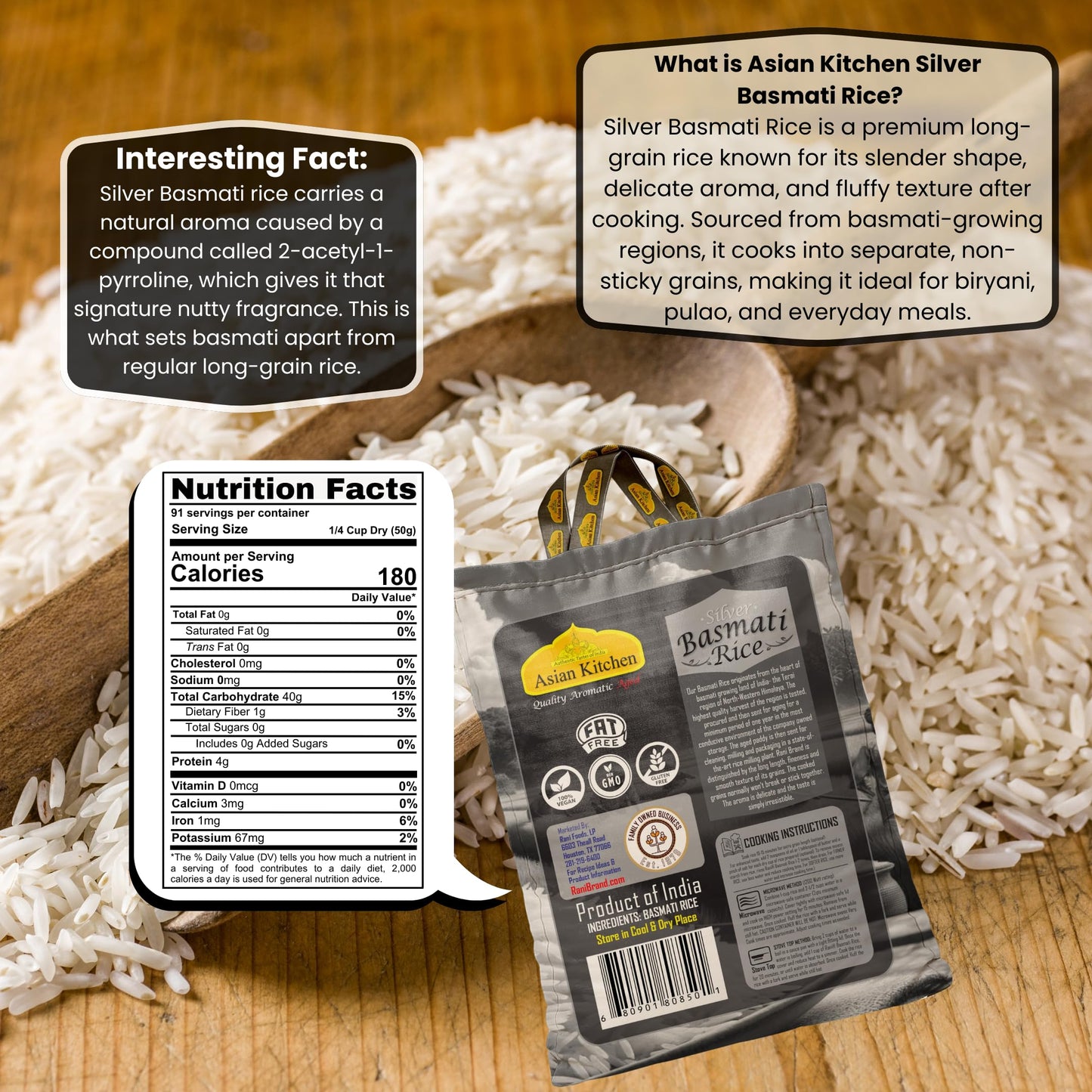 Asian Kitchen Silver White Basmati Rice Extra Long Aged 10lbs (4.54kg) ~ All Natural | Gluten Friendly | Vegan | Indian Origin | Export Quality