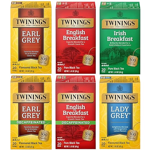 Twinings Tea Variety 6-Pack - Earl Grey, English Breakfast, Irish Breakfast, Decaffeinated Earl Grey, Decaffeinated English Breakfast, Lady Grey Tea