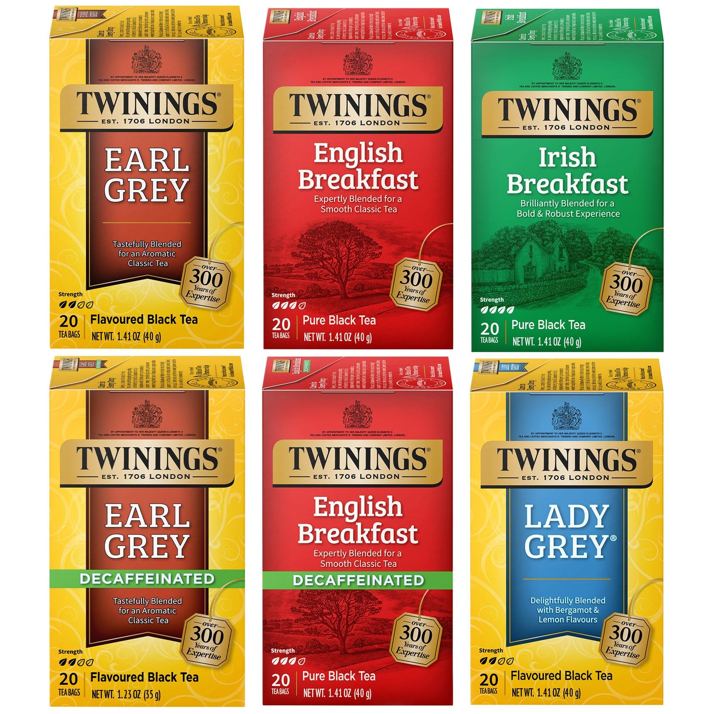 Twinings Tea Variety 6-Pack - Earl Grey, English Breakfast, Irish Breakfast, Decaffeinated Earl Grey, Decaffeinated English Breakfast, Lady Grey Tea