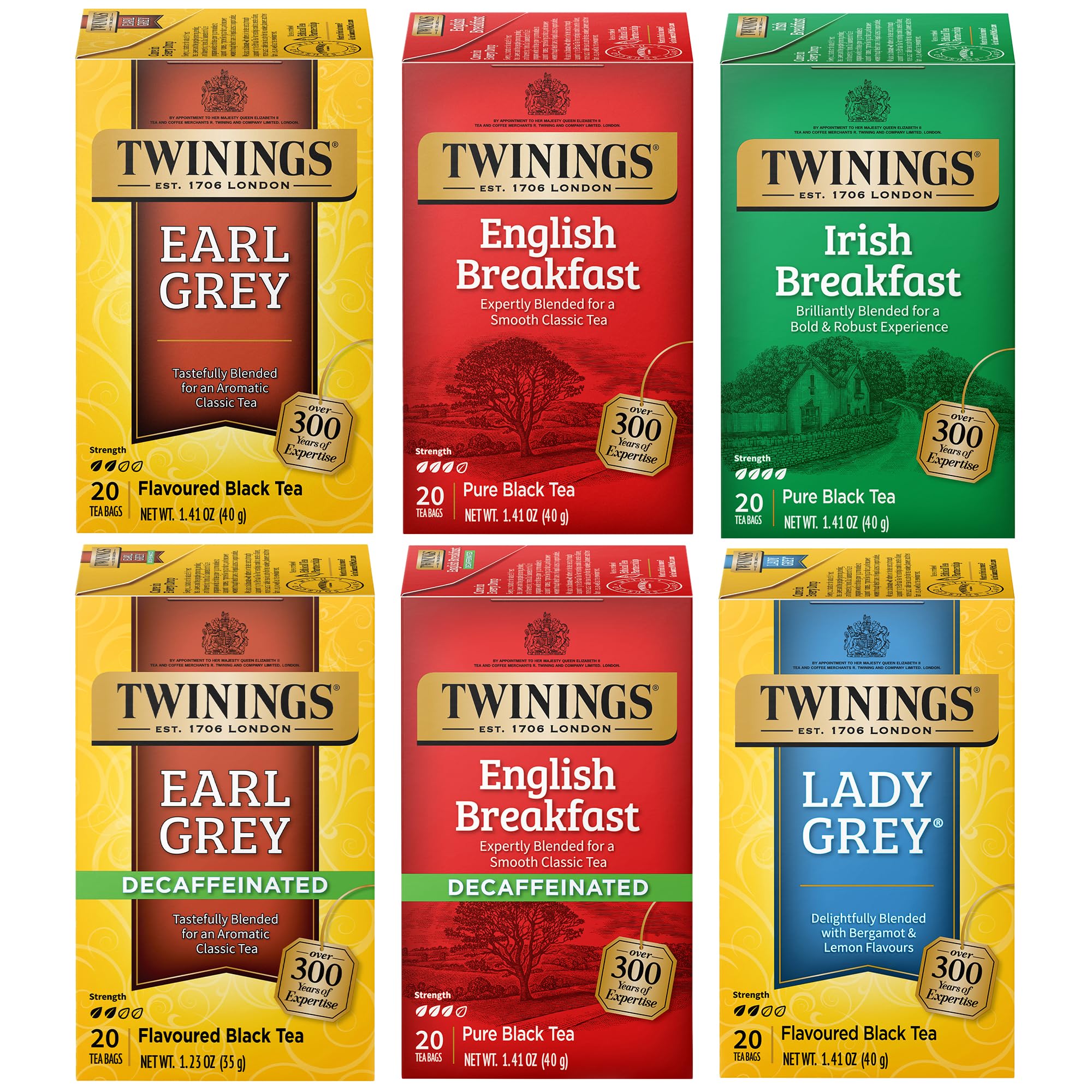 Twinings Tea Variety 6-Pack - Earl Grey, English Breakfast, Irish Breakfast, Decaffeinated Earl Grey, Decaffeinated English Breakfast, Lady Grey Tea