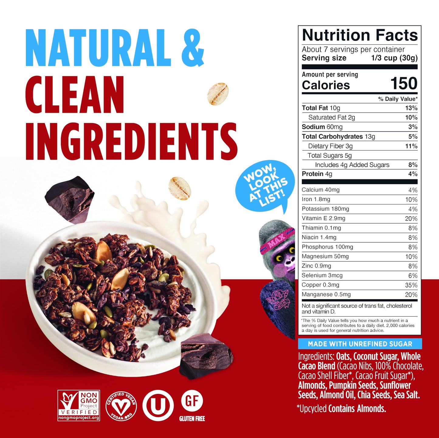 Blue Stripes Whole Cacao Granola - Gluten Free 70% Dark Chocolate Granola for Cereal, Oatmeal, Yogurt, 5g Protein Per Serving, Source of Fiber, Vegan