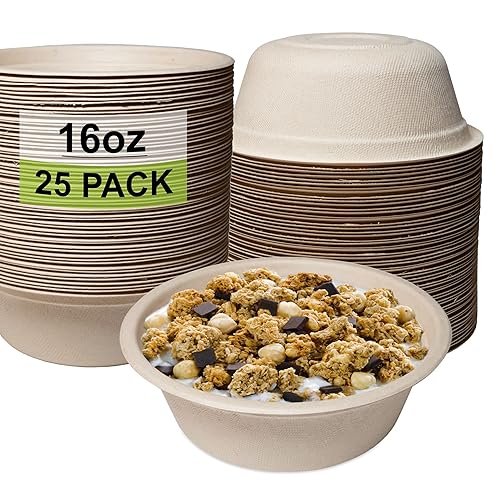 EcoQuality [25 Pack 16 oz Compostable Paper Bowls Heavy-Duty Disposable Bowls, Eco-Friendly Natural Bagasse Unbleached, Hot or Cold Use, 100%